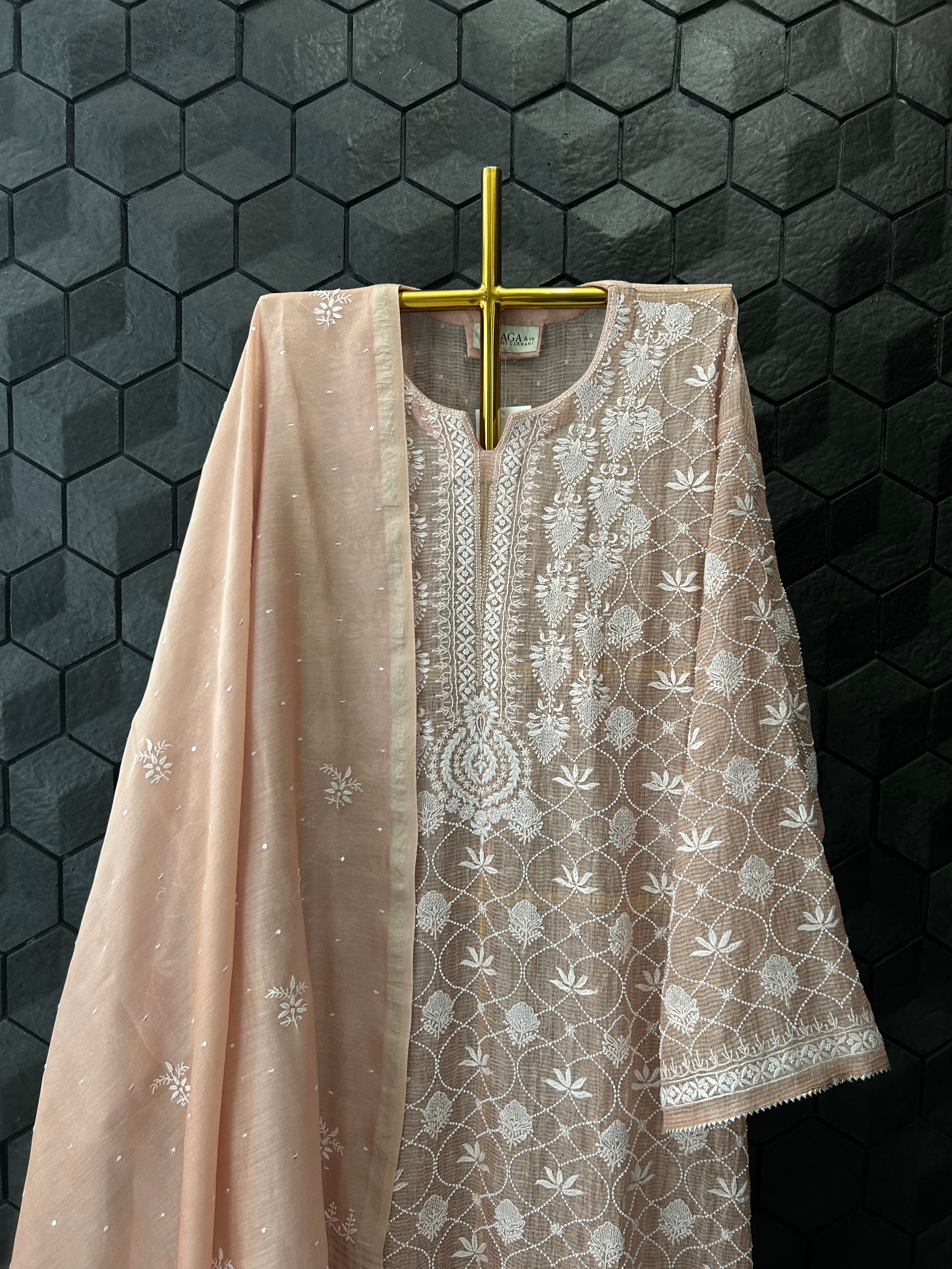 Peach Tissue Kota Chikankari Kurta Set