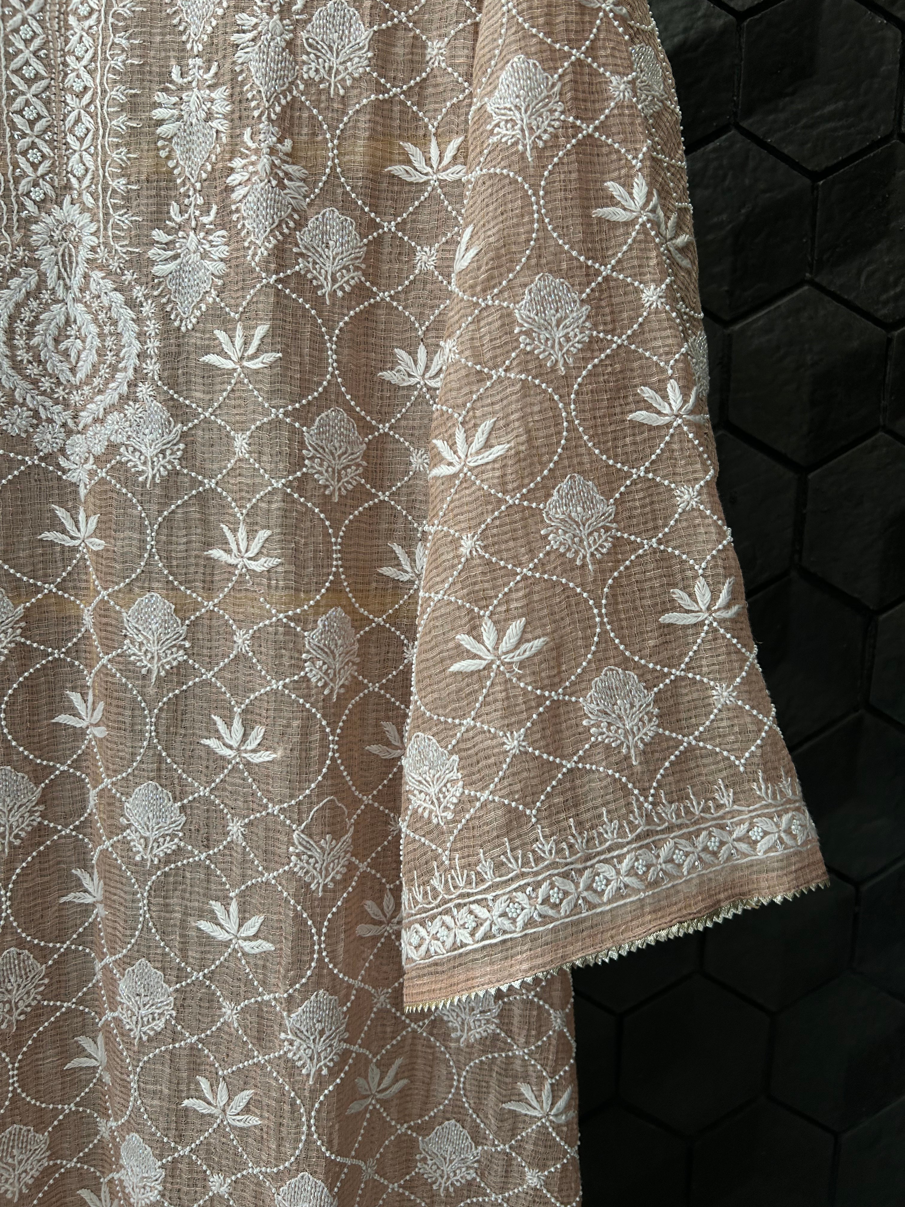 Peach Tissue Kota Chikankari Kurta Set