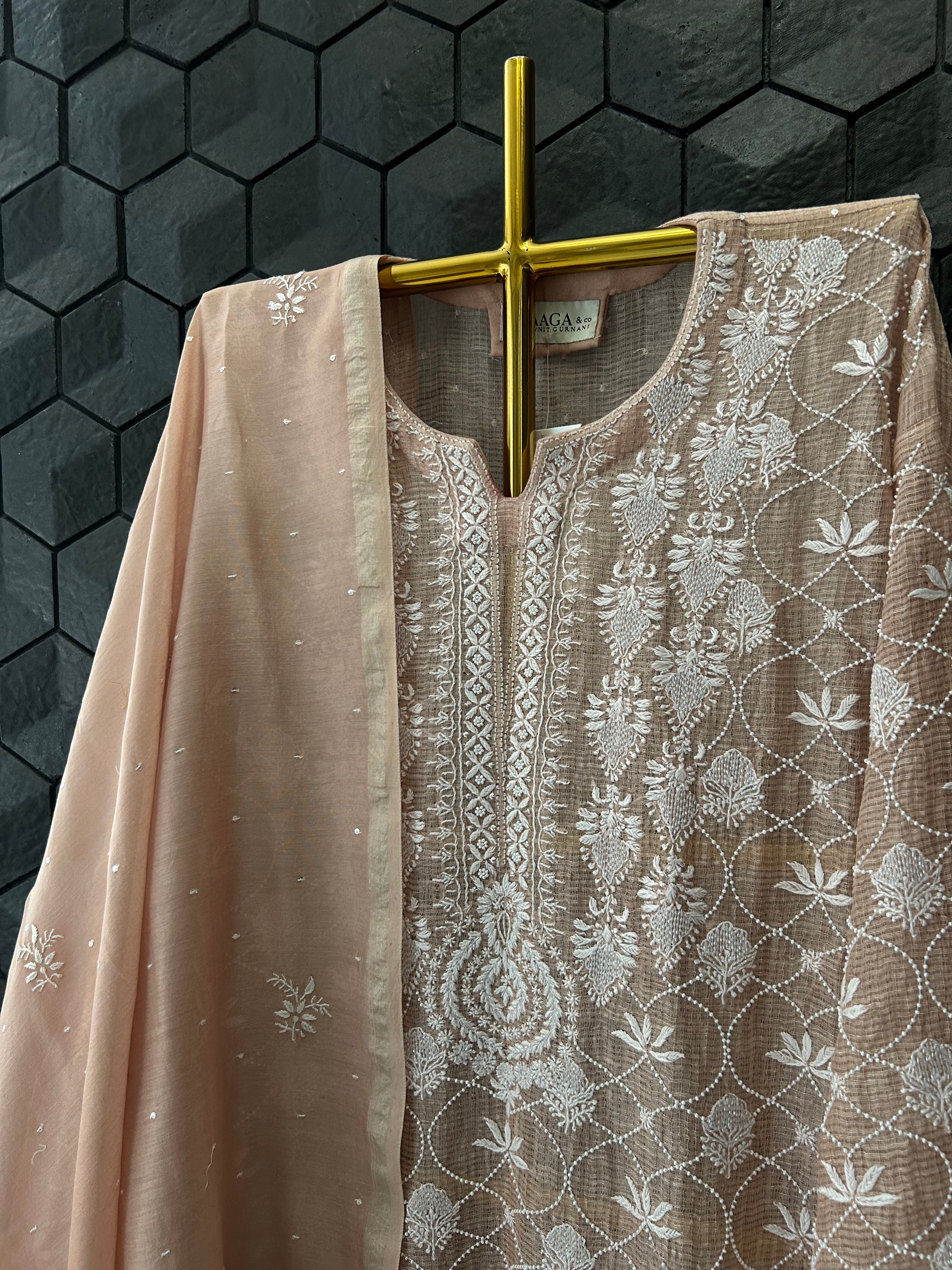 Peach Tissue Kota Chikankari Kurta Set