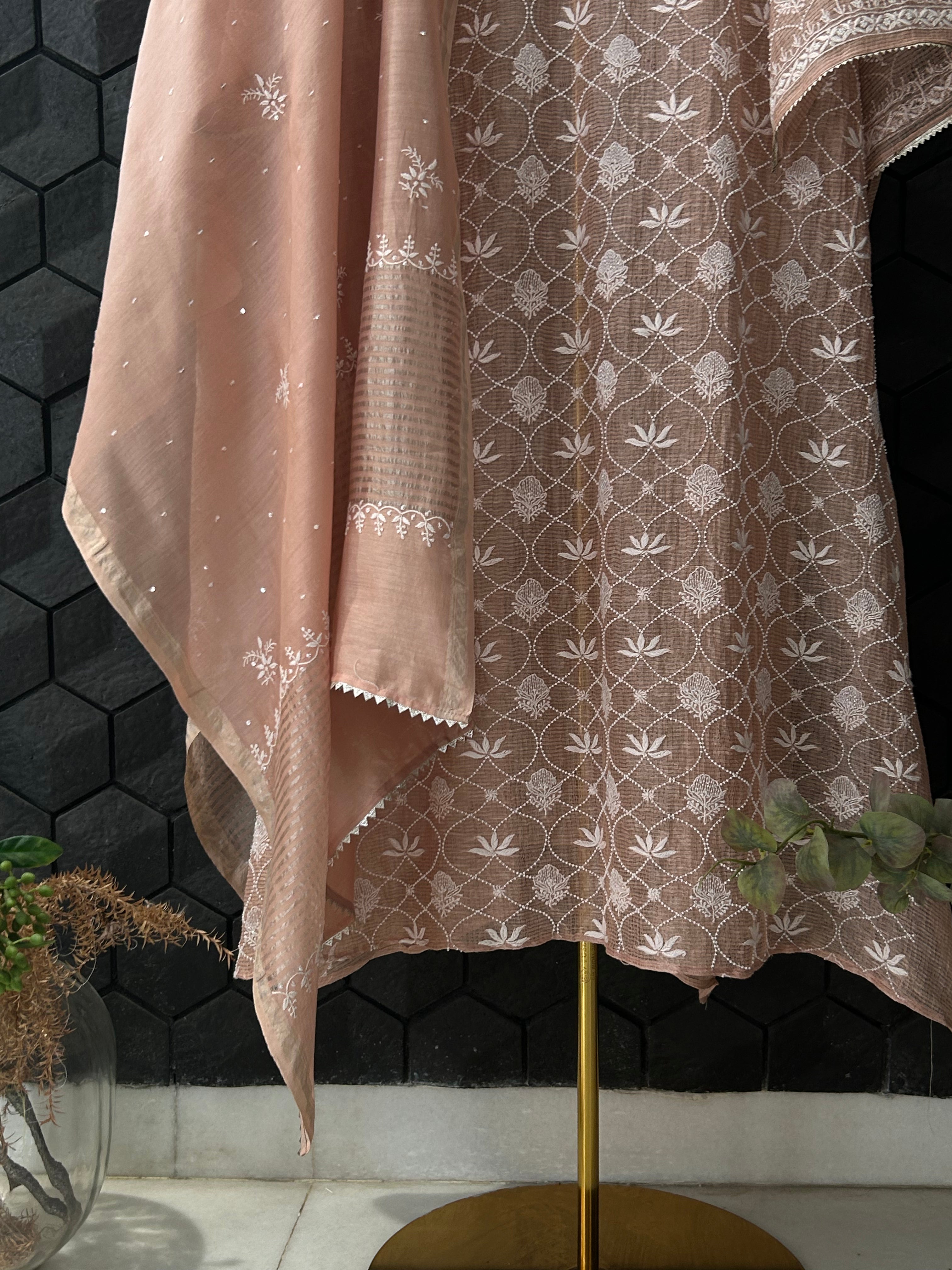 Peach Tissue Kota Chikankari Kurta Set