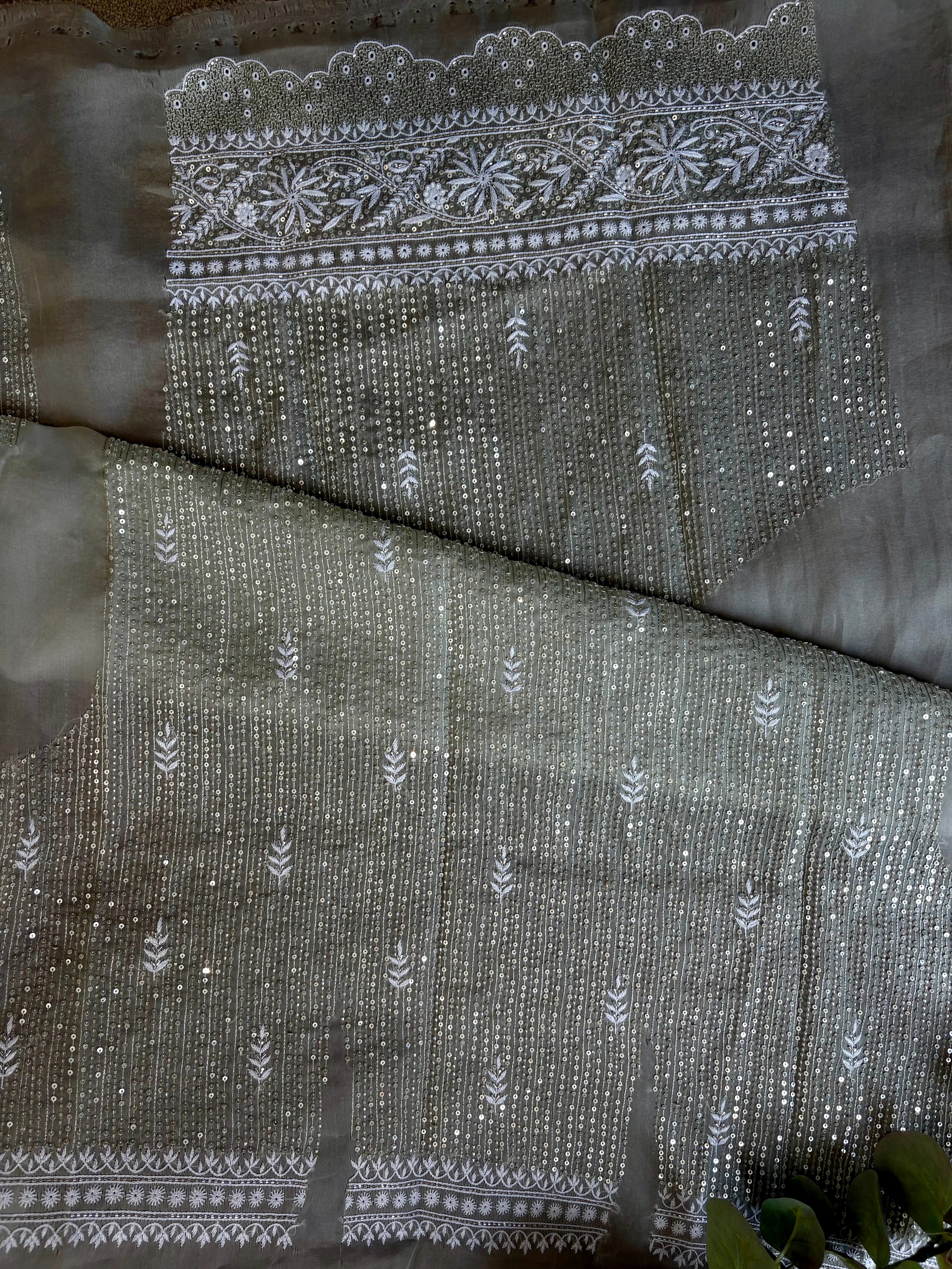 Green Organza Satin Chikankari Saree