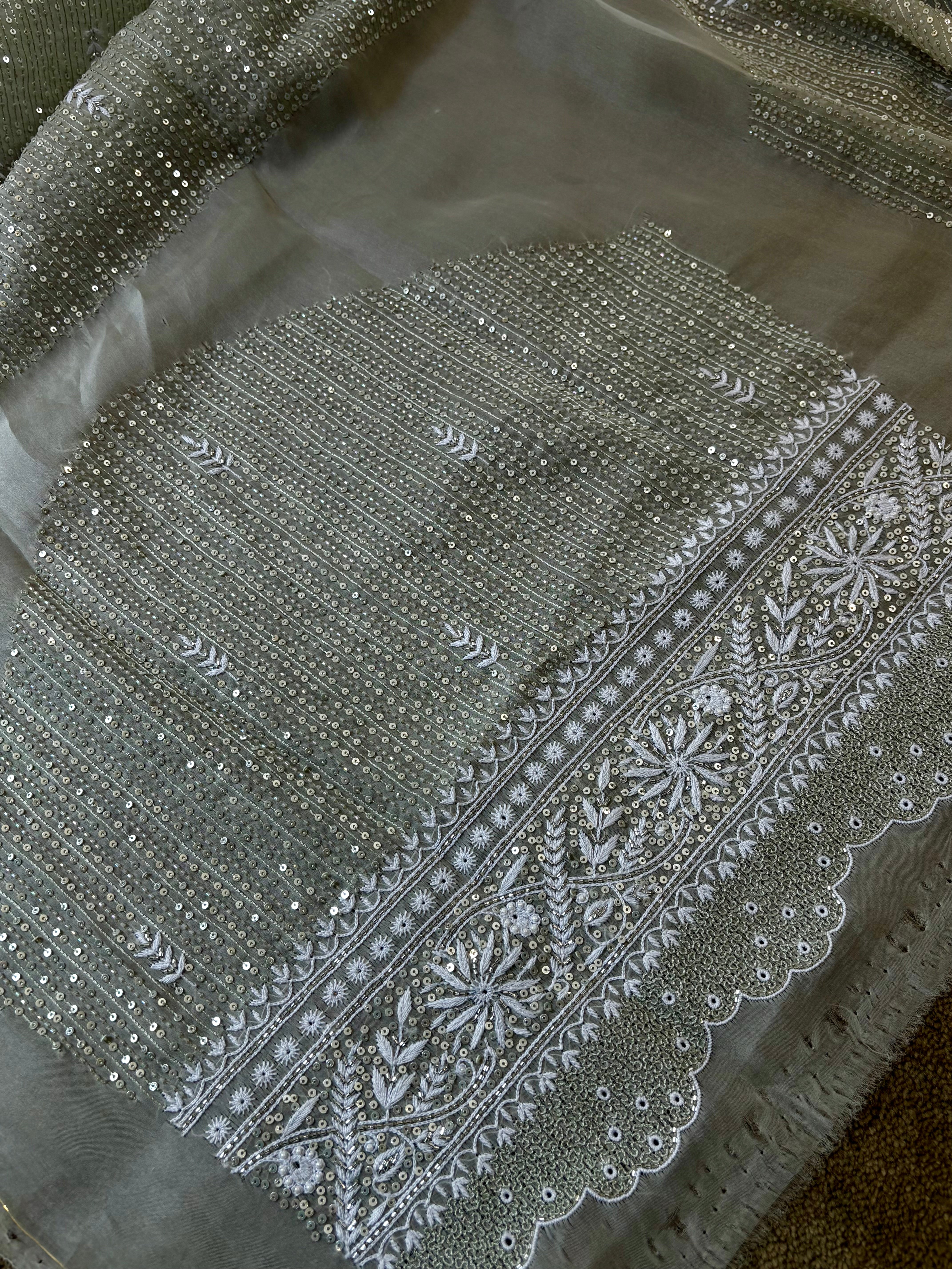 Green Organza Satin Chikankari Saree