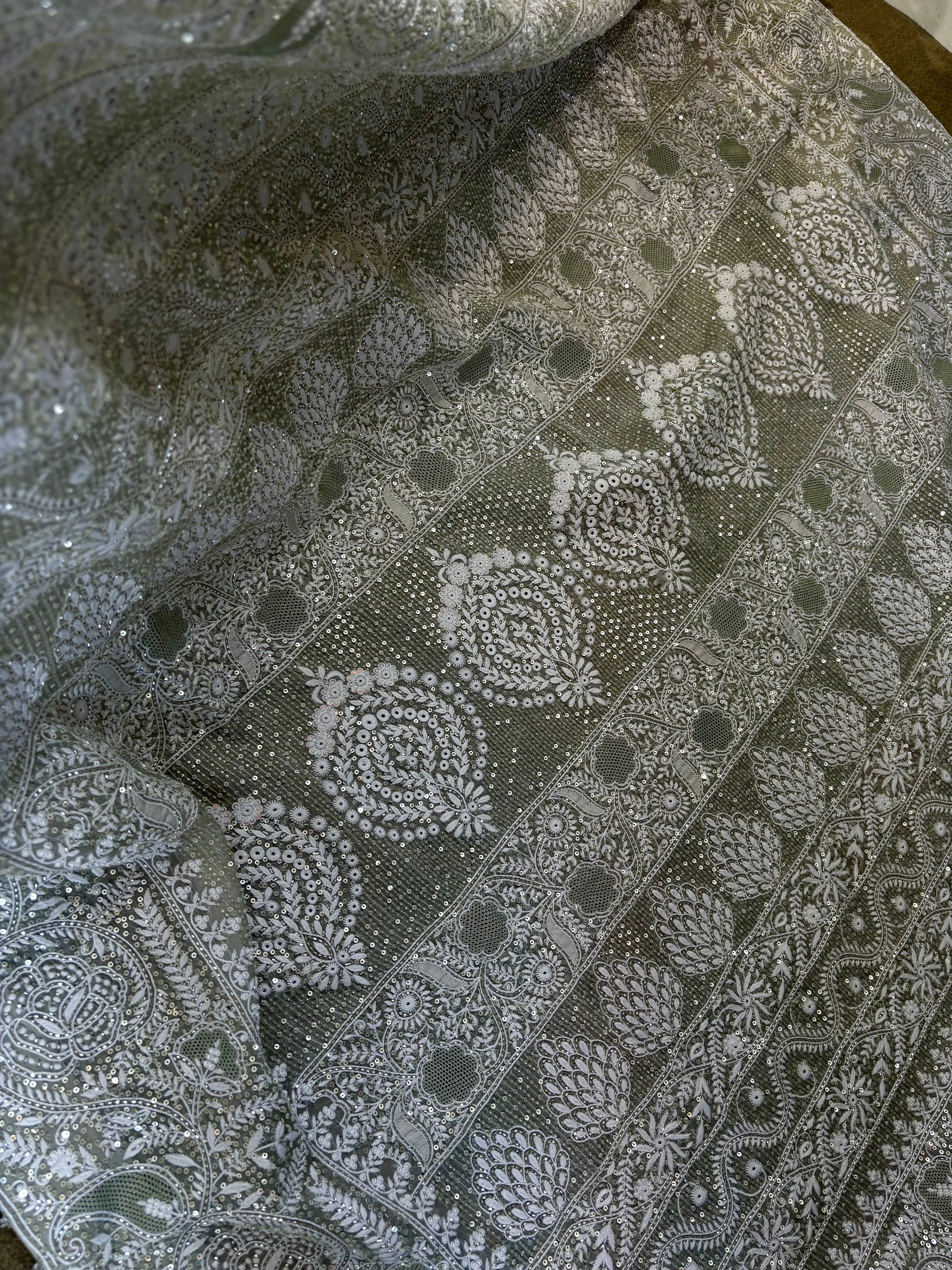 Green Organza Satin Chikankari Saree