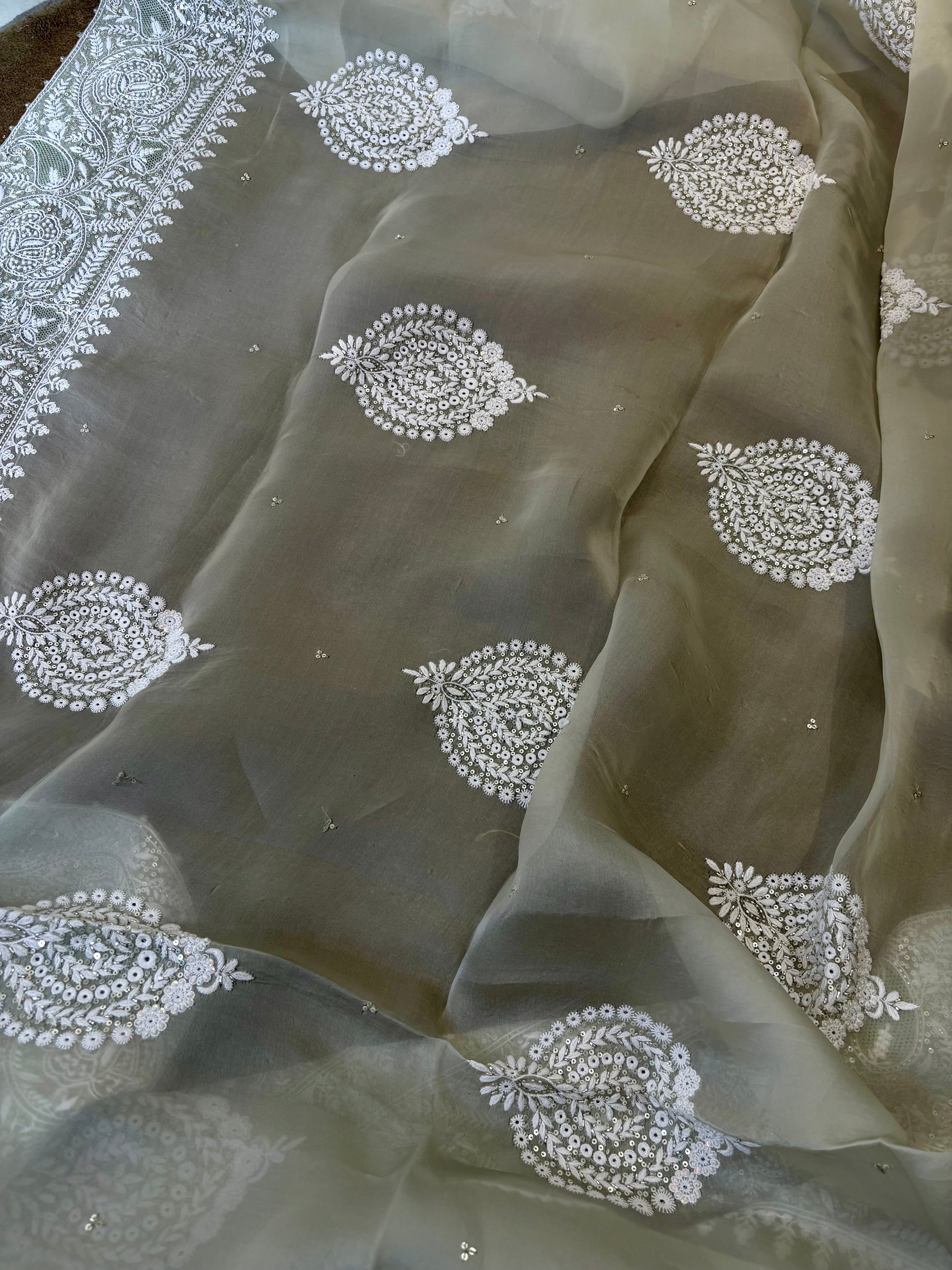 Green Organza Satin Chikankari Saree