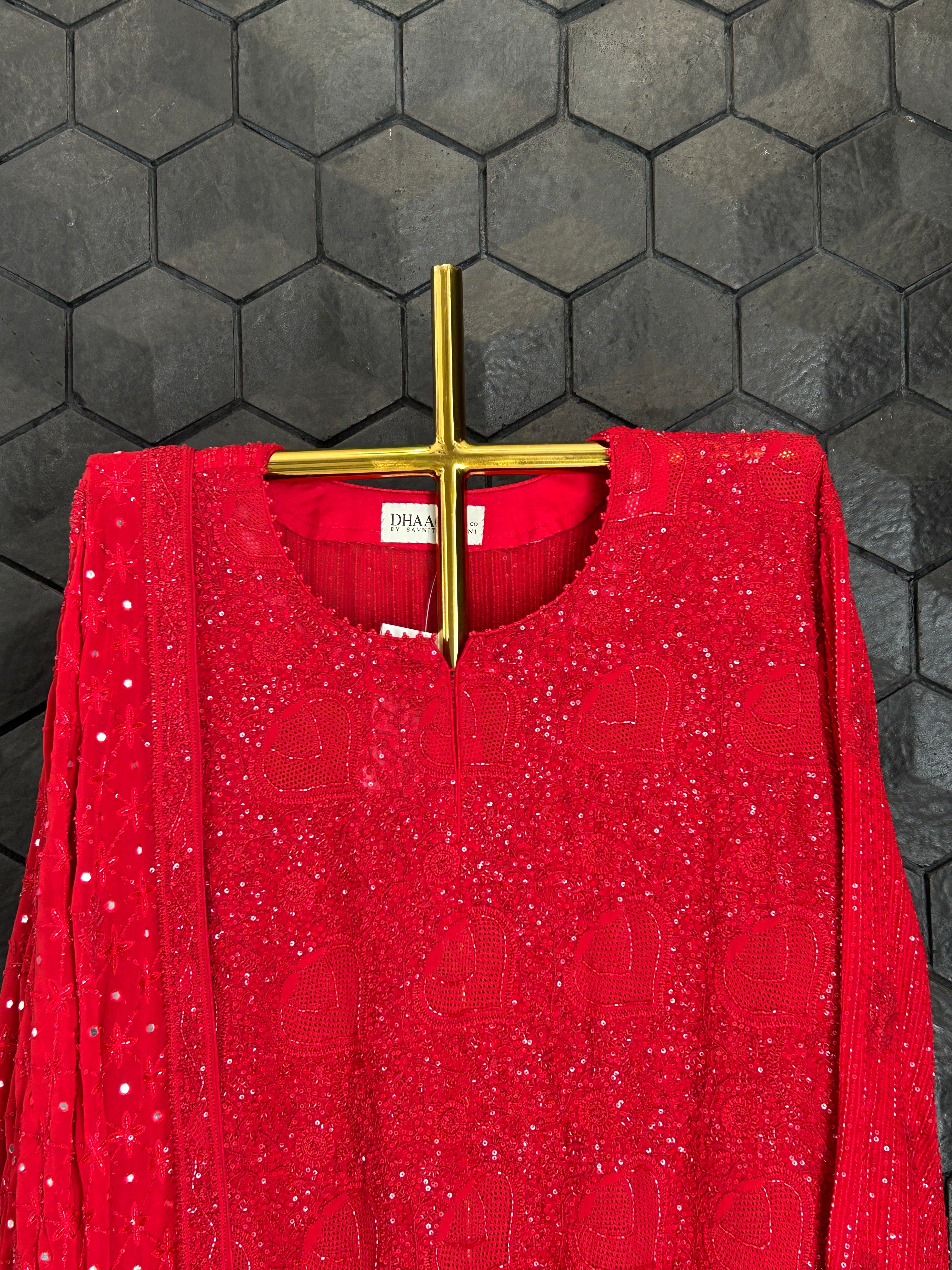 Red Georgette Ek -Taar Chikankari Kurta Set with statement heavy  dupatta