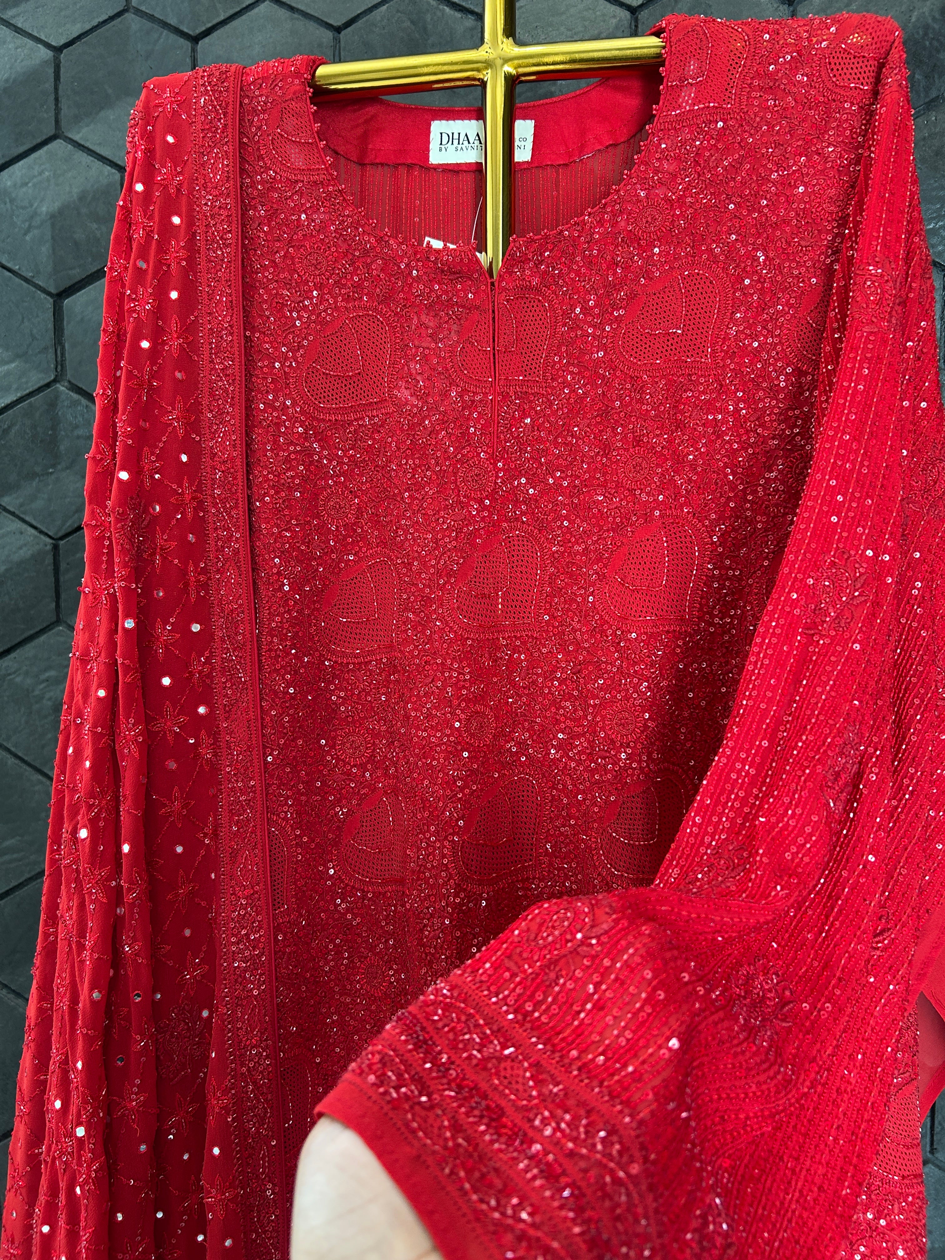 Red Georgette Ek -Taar Chikankari Kurta Set with statement heavy  dupatta