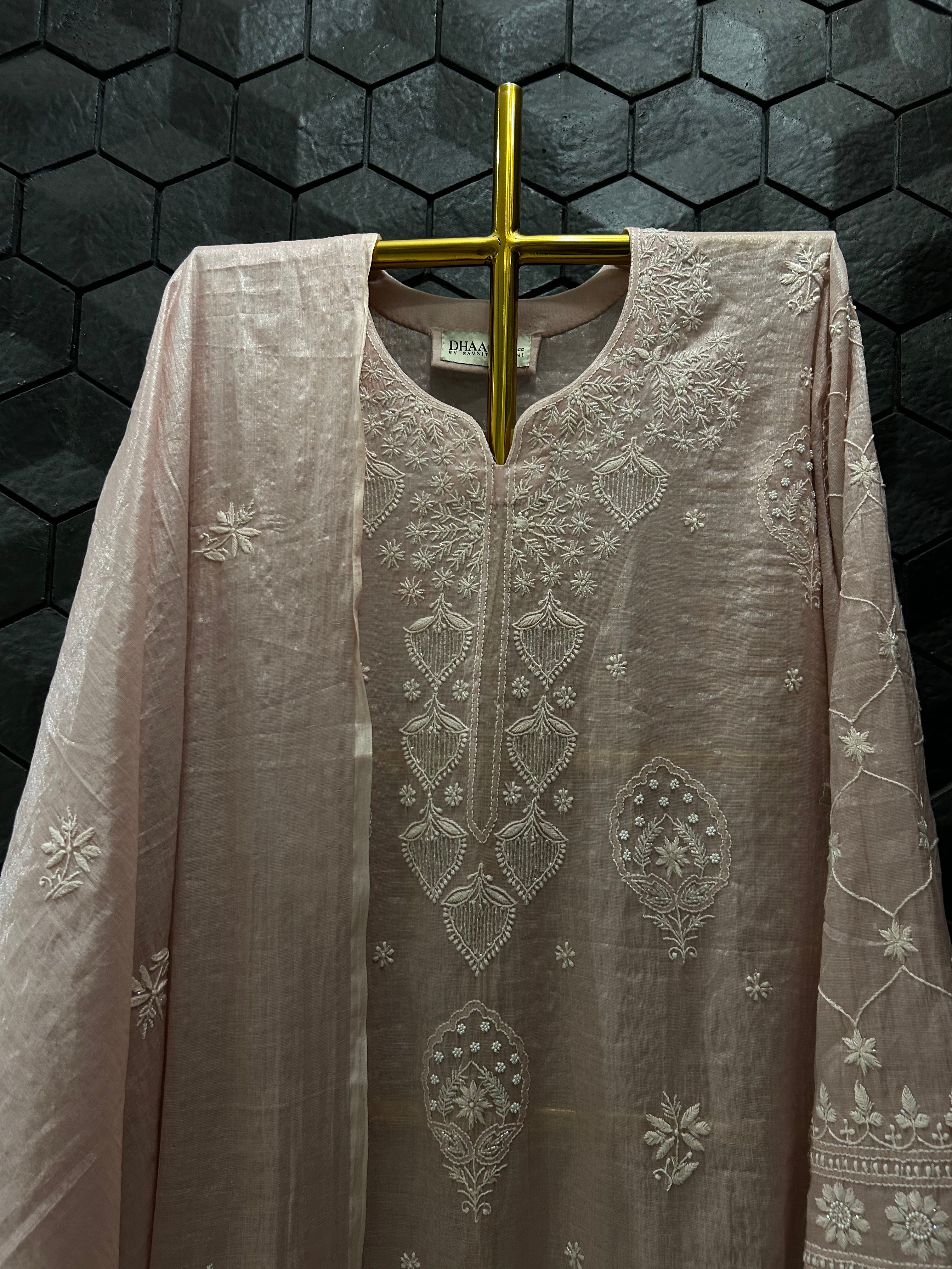 Pink Mul Chanderi Chikankari Kurta Set