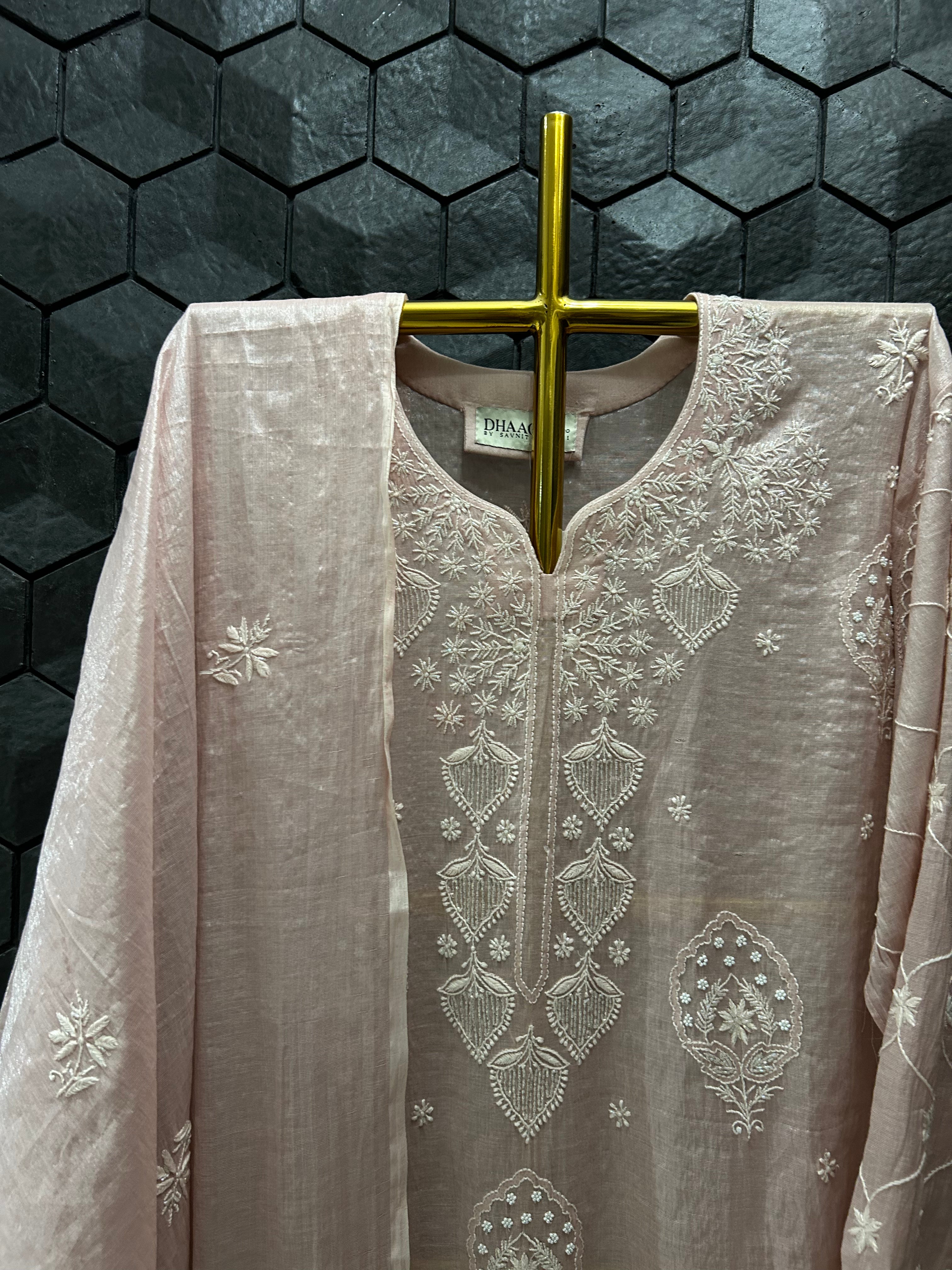 Pink Mul Chanderi Chikankari Kurta Set