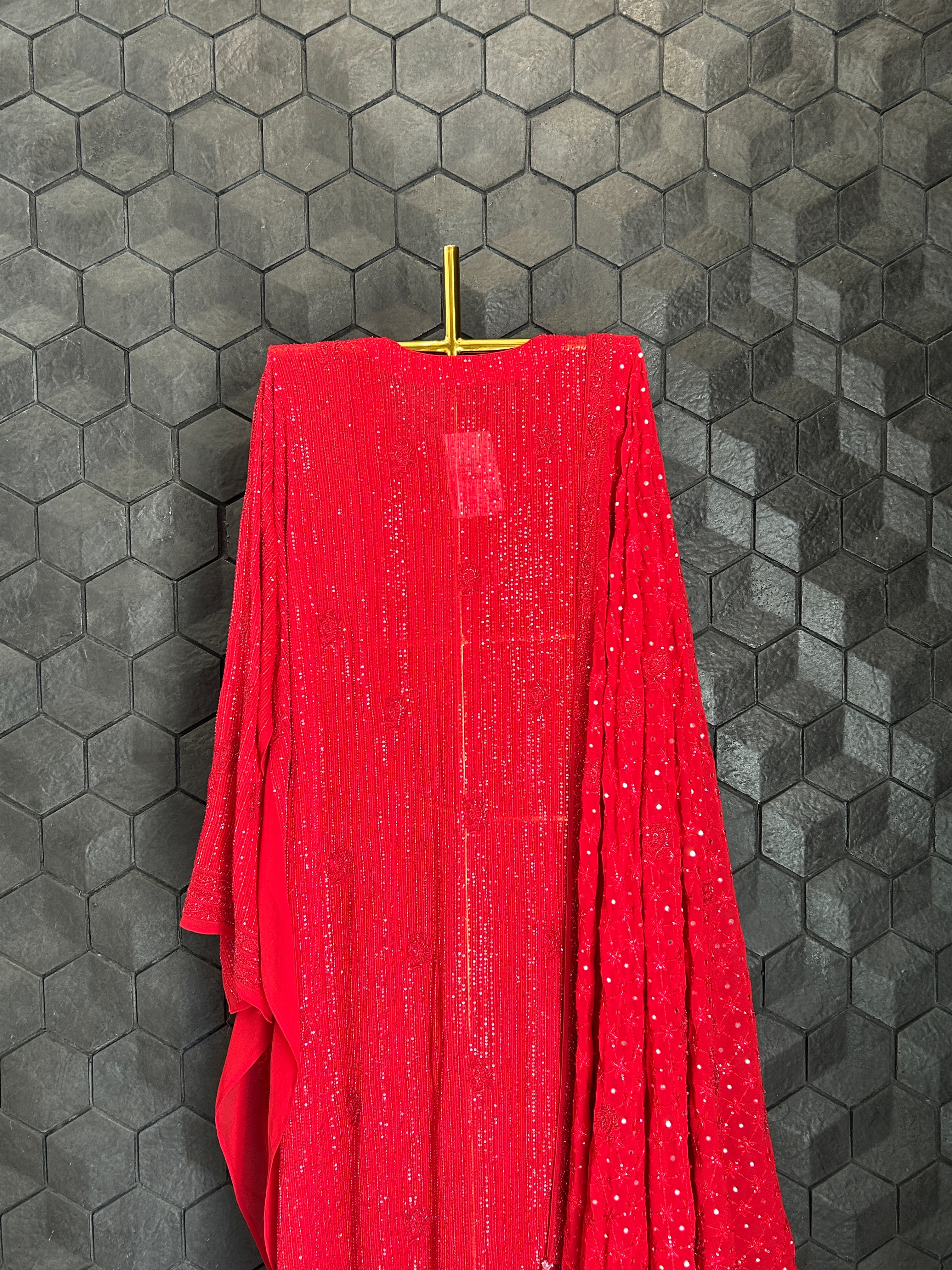 Red Georgette Ek -Taar Chikankari Kurta Set with statement heavy  dupatta