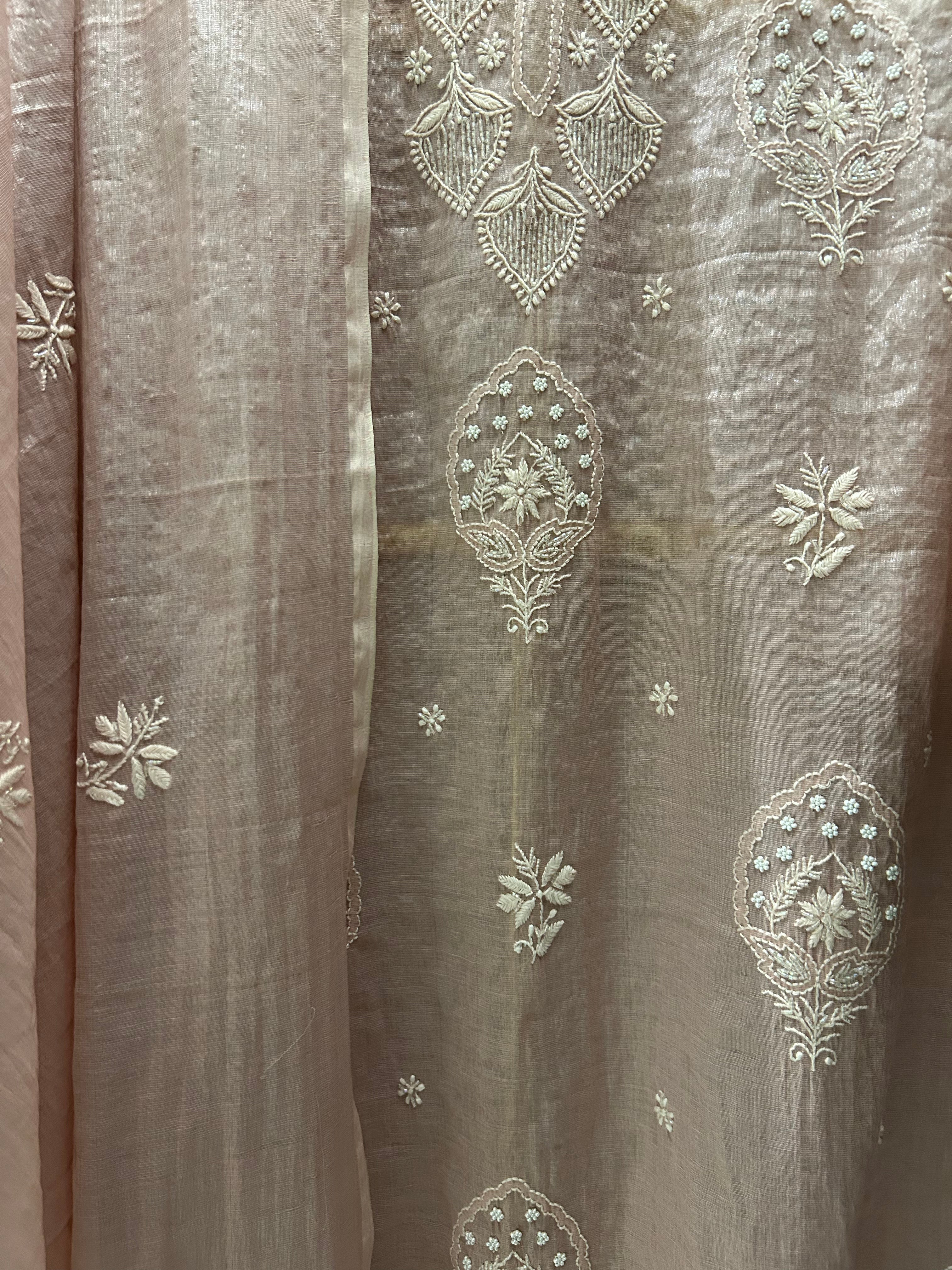 Pink Mul Chanderi Chikankari Kurta Set