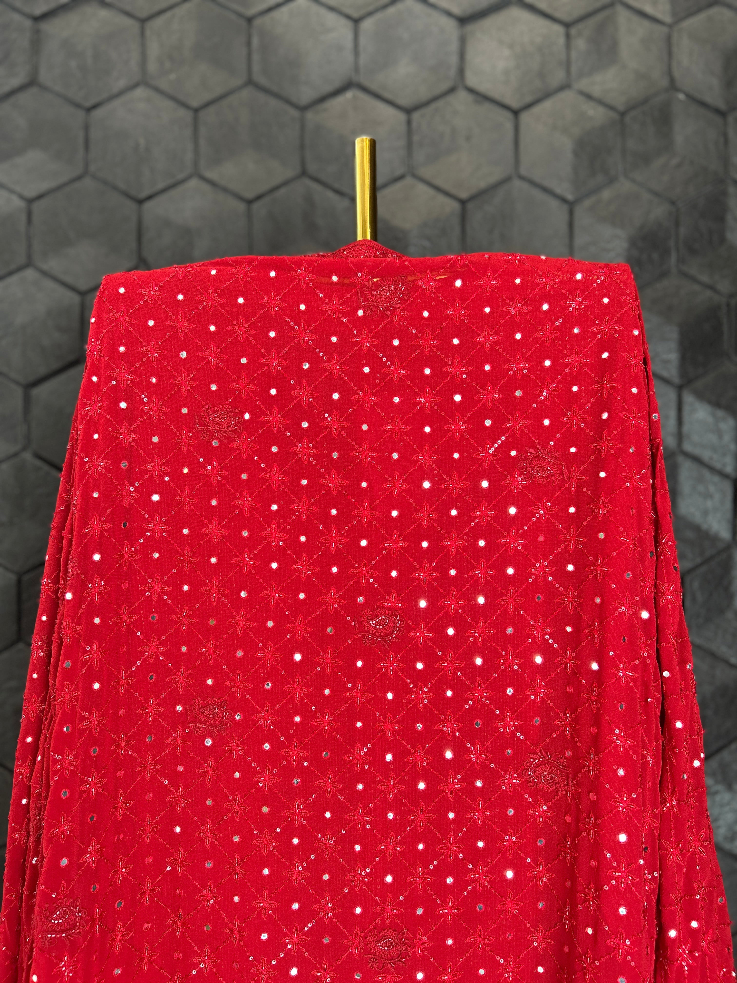 Red Georgette Ek -Taar Chikankari Kurta Set with statement heavy  dupatta