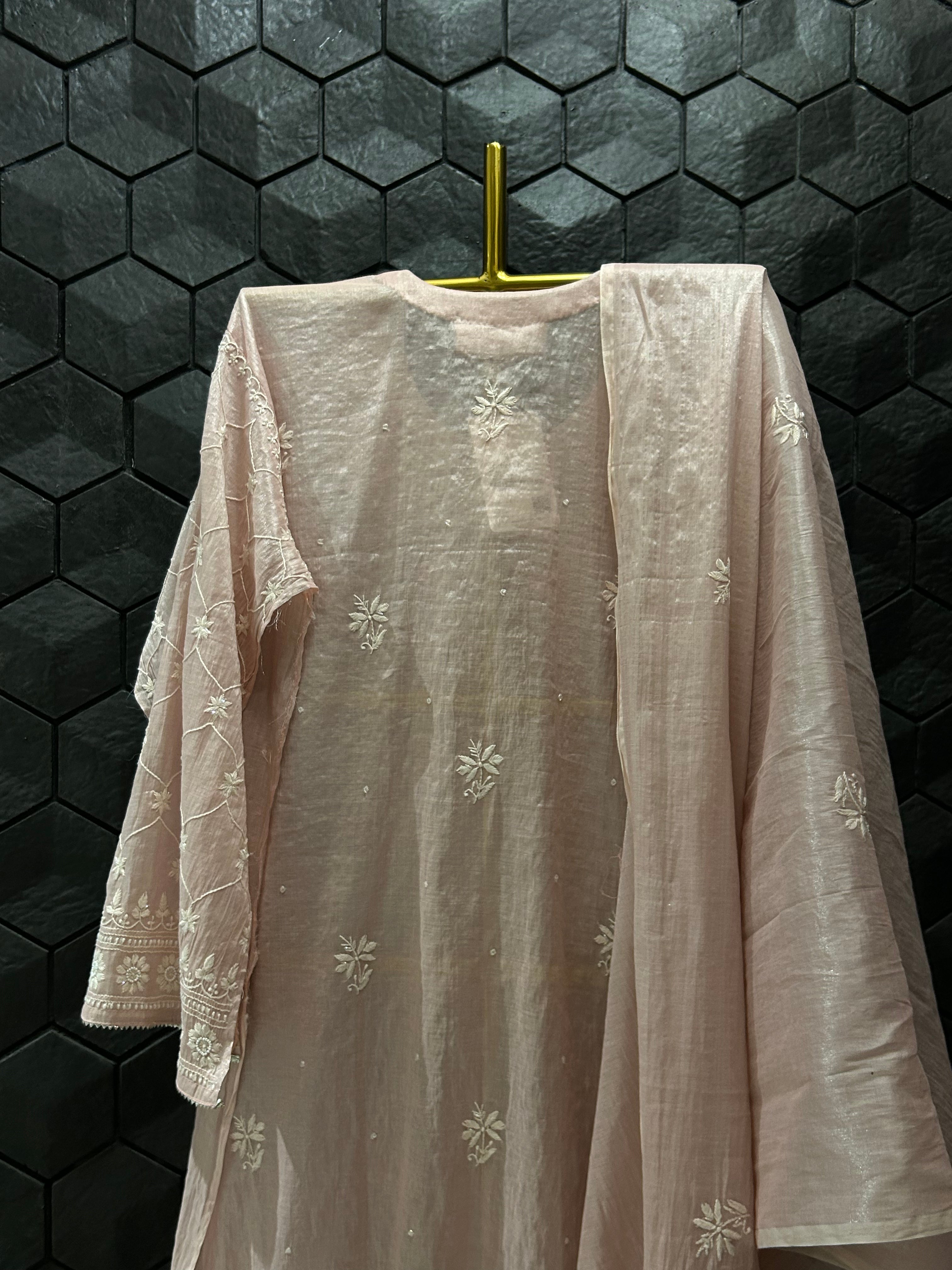 Pink Mul Chanderi Chikankari Kurta Set