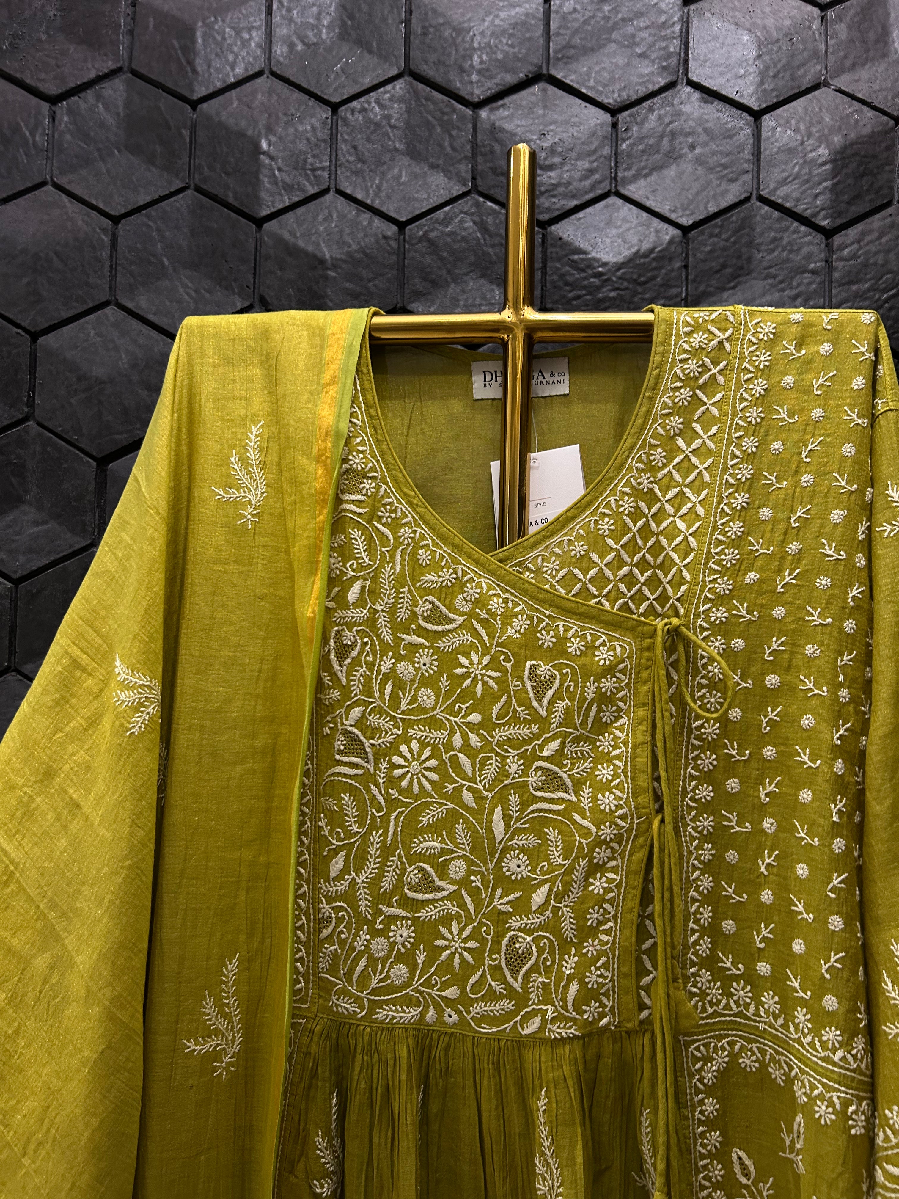 Lime Green Golden Tissue Chikankari Angarkha Kurta Set