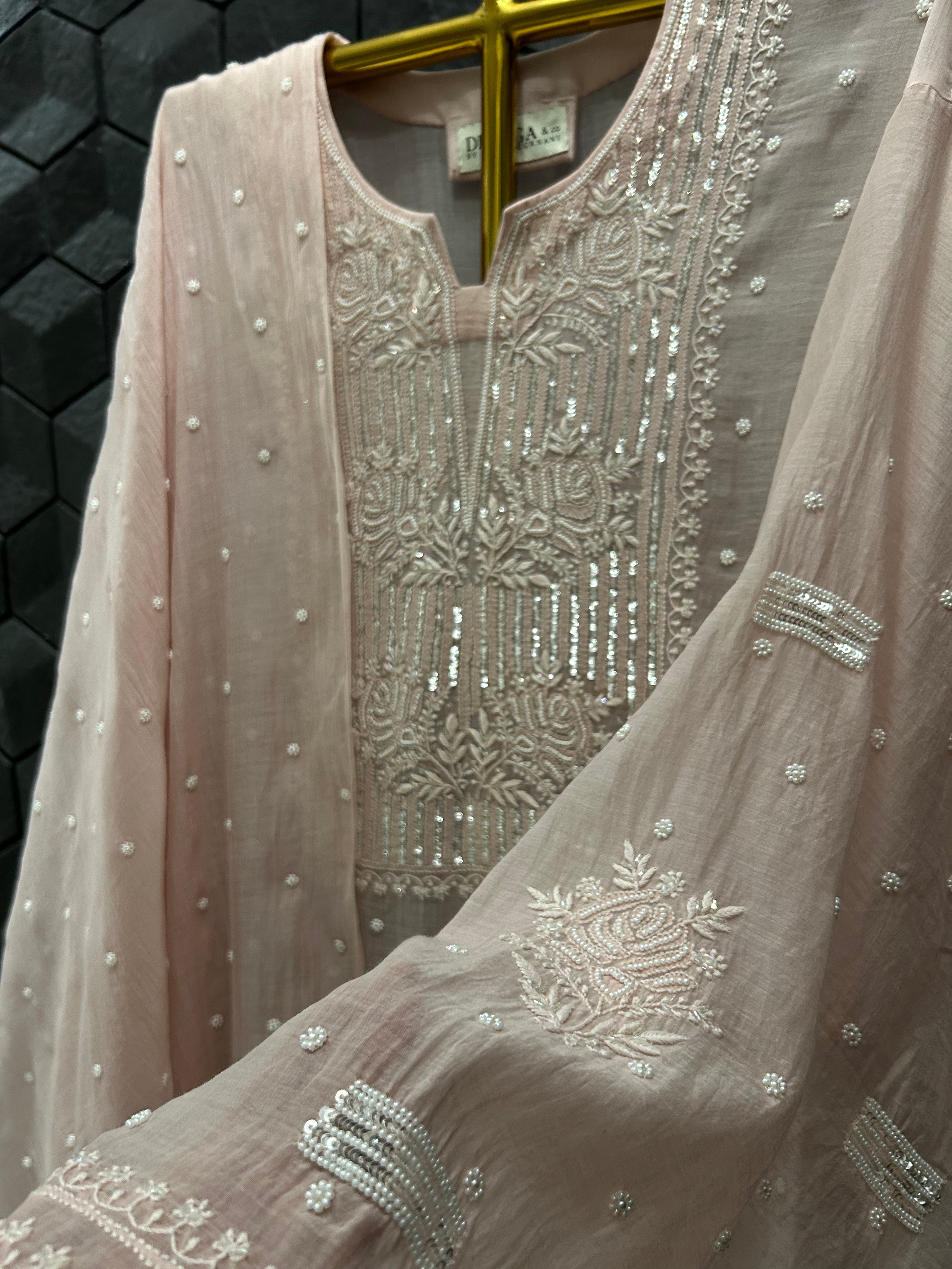 Pink Mul Chanderi Chikankari kurta Set