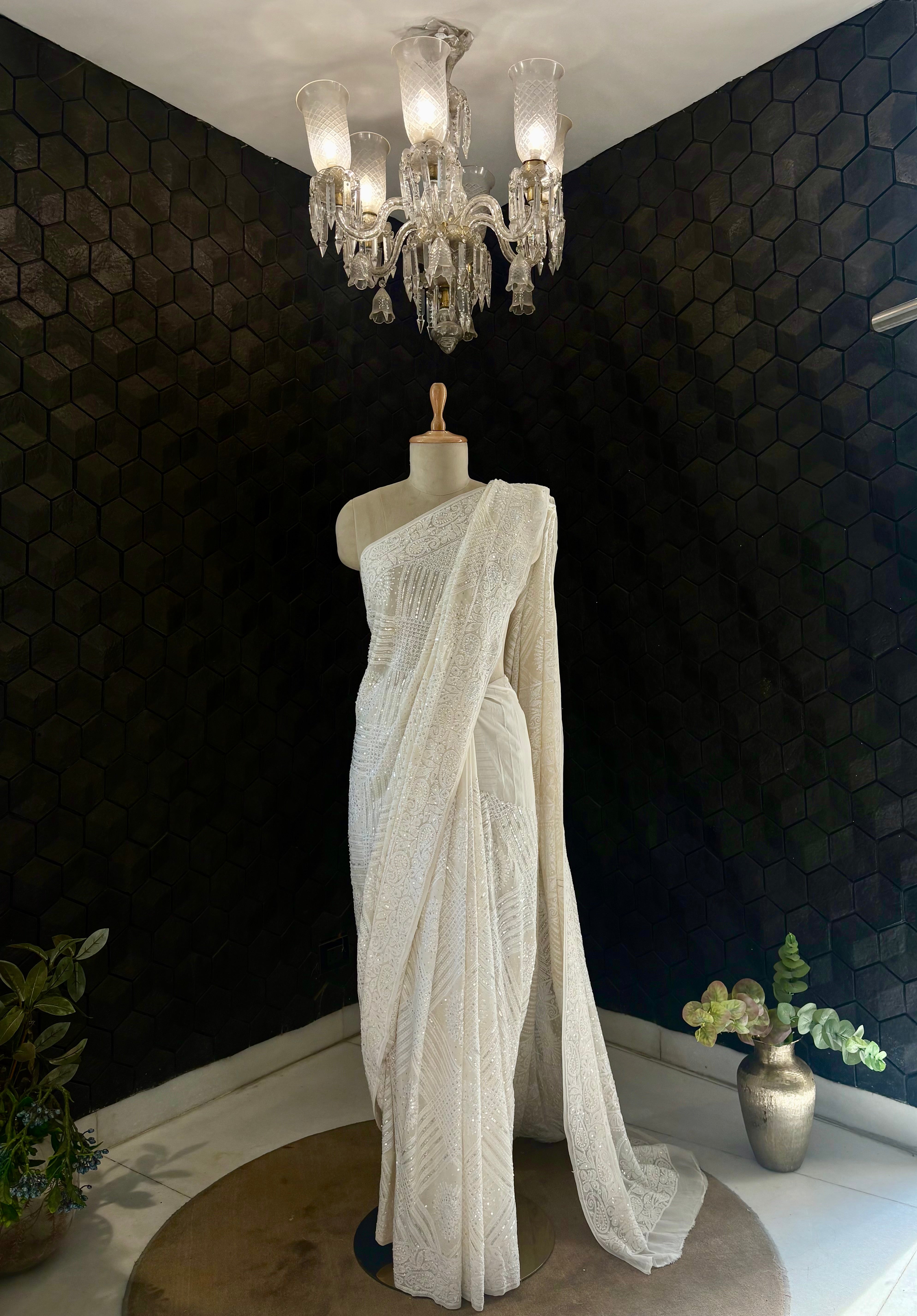 White Georgette Chikankari Saree
