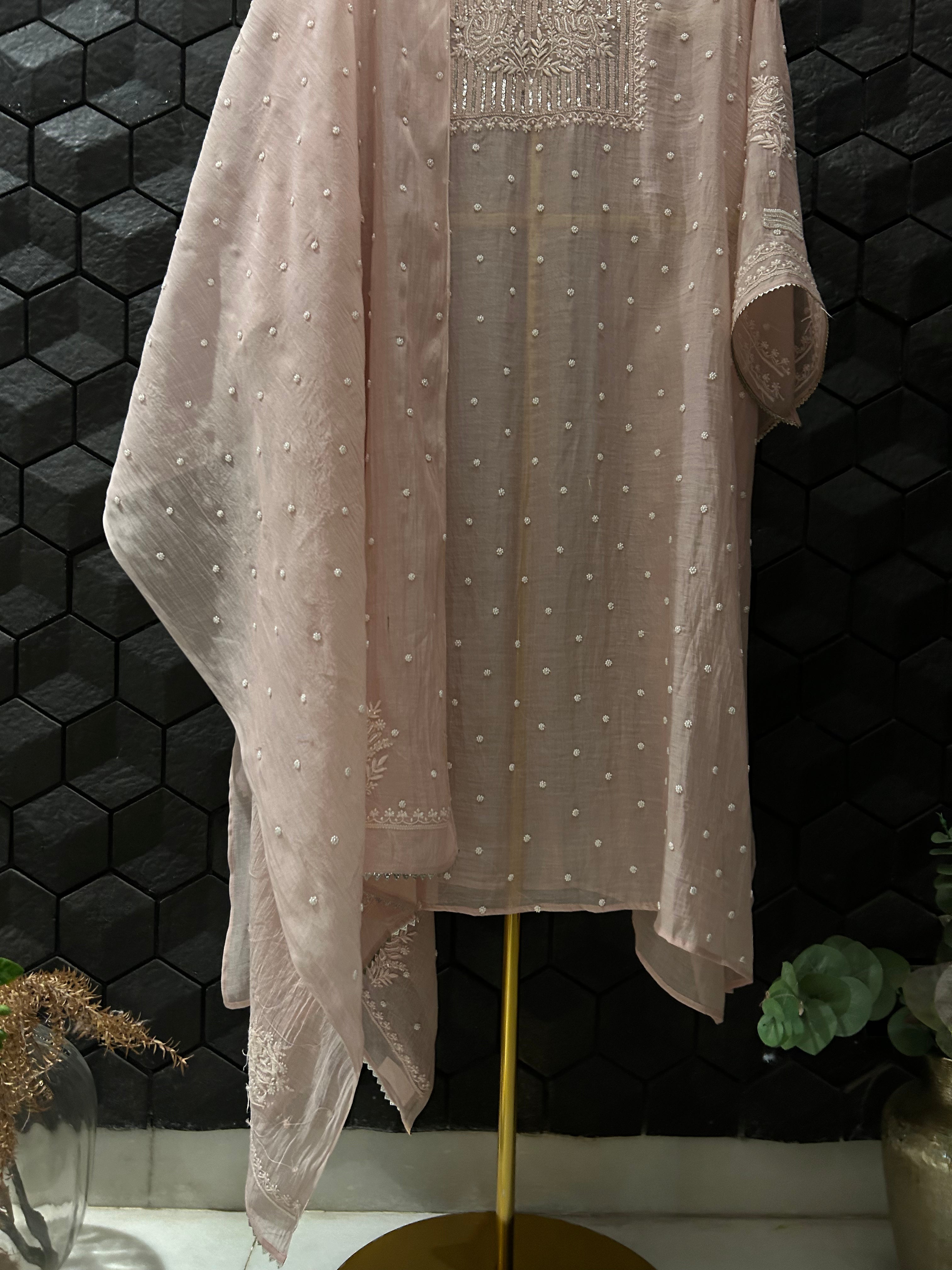 Pink Mul Chanderi Chikankari kurta Set