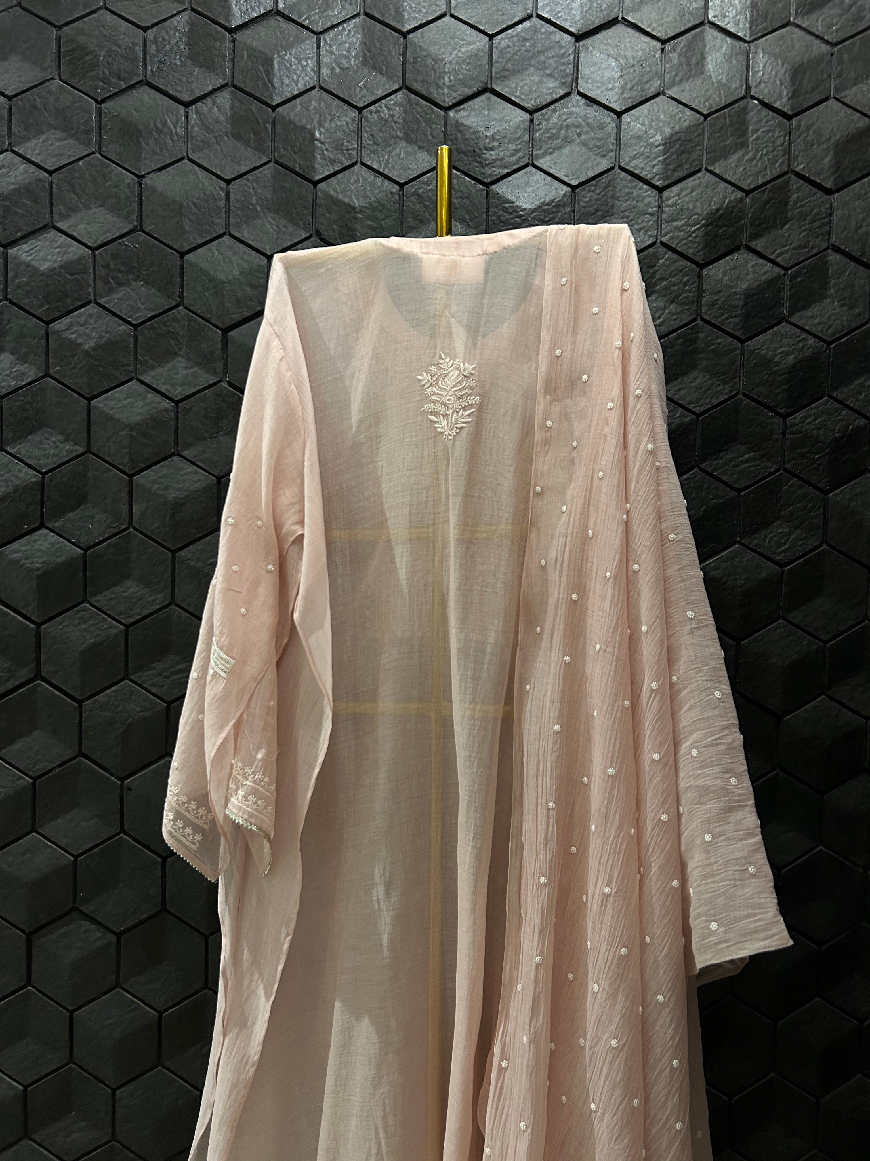 Pink Mul Chanderi Chikankari kurta Set