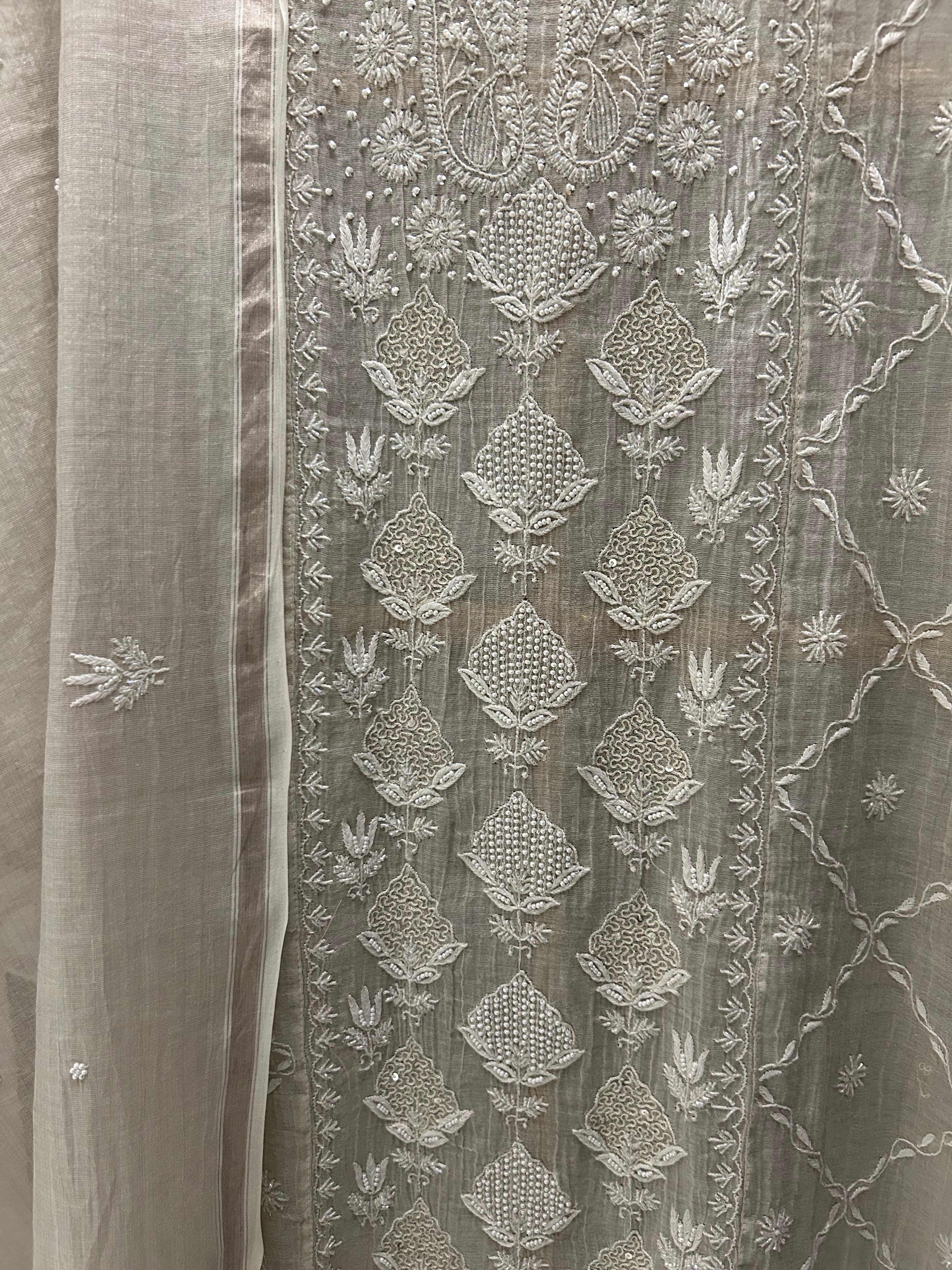 Silver Tissue Chikankari Kurta Set