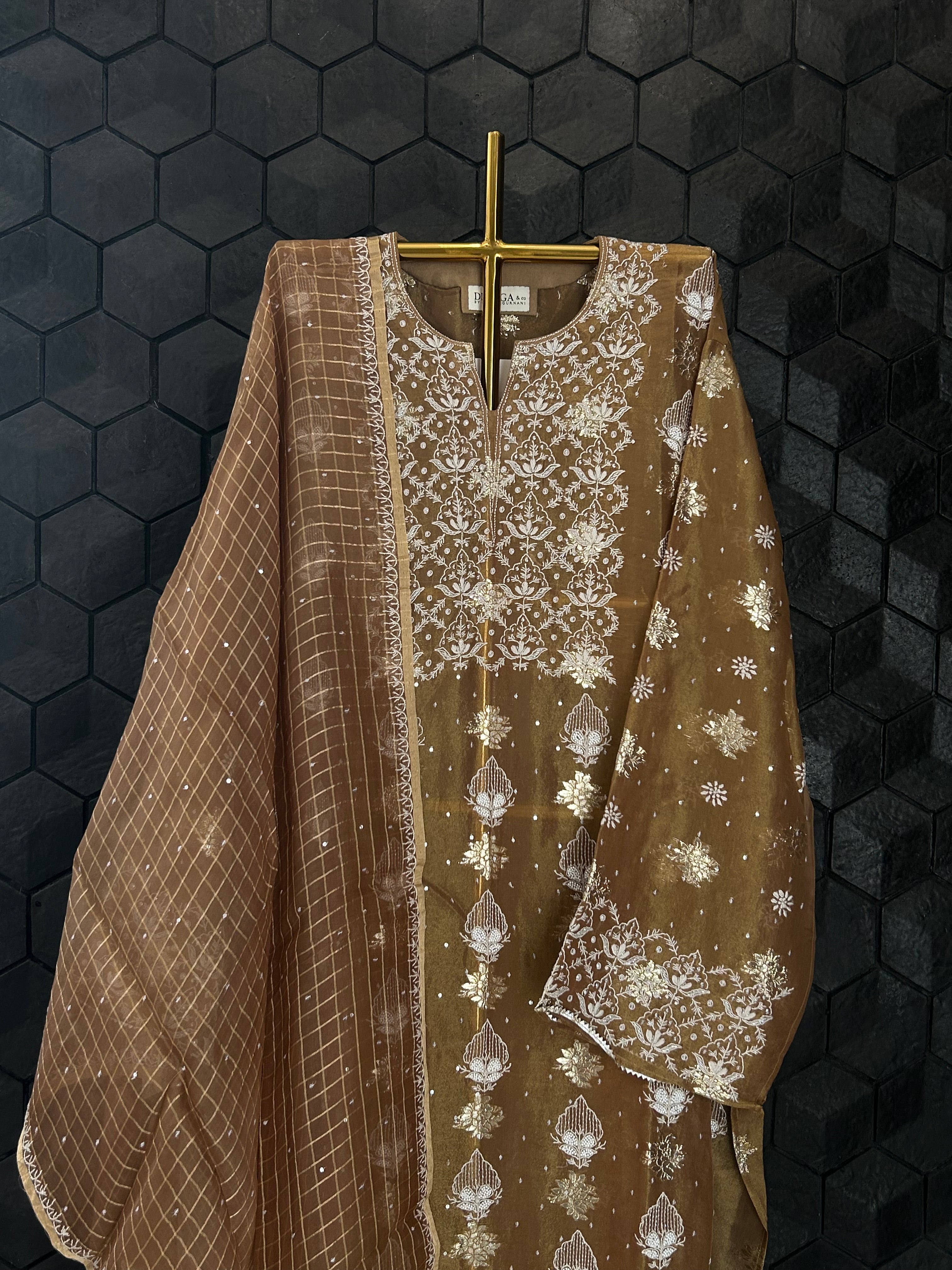 Brown Shimmer Organza Chikankari Kurta Set