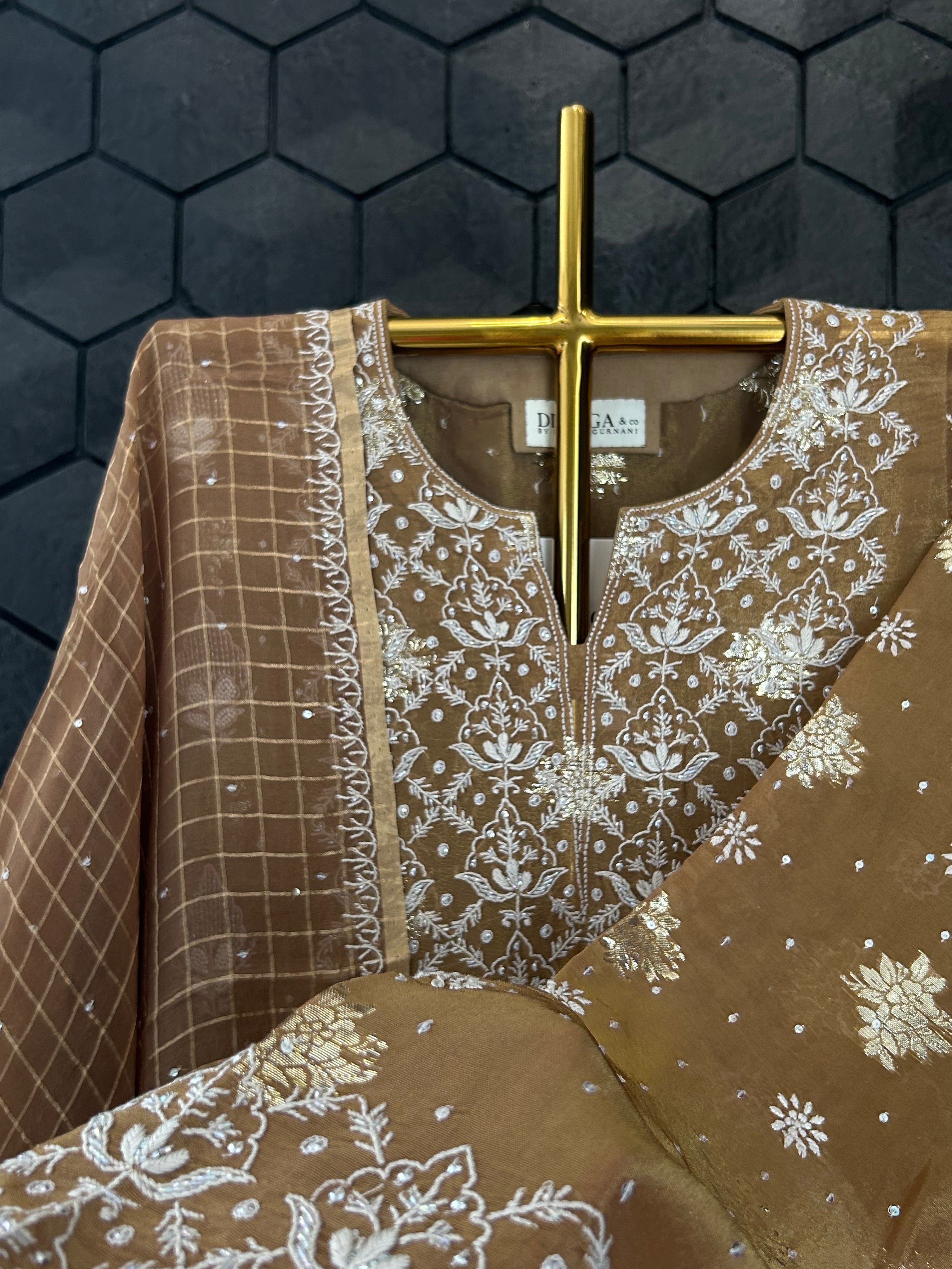 Brown Shimmer Organza Chikankari Kurta Set