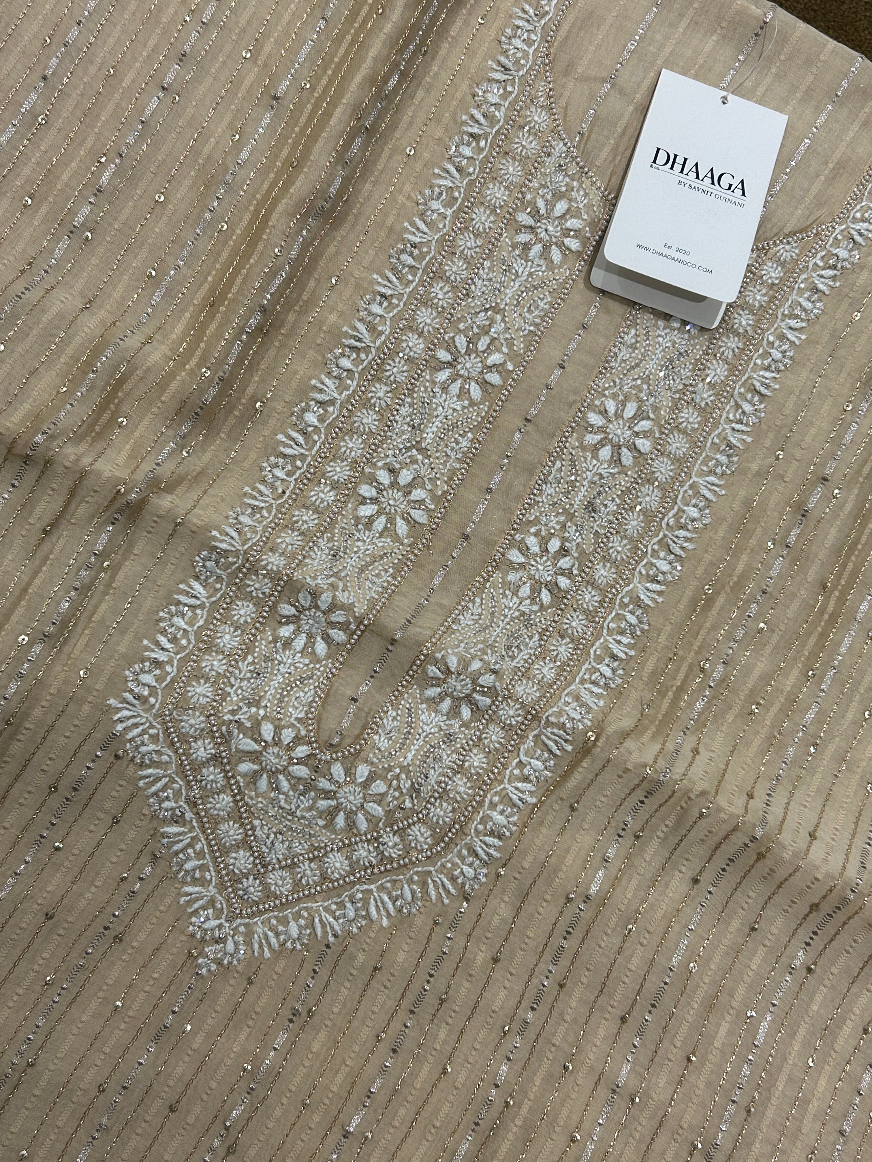 Beige Chanderi Striped Mens Kurta