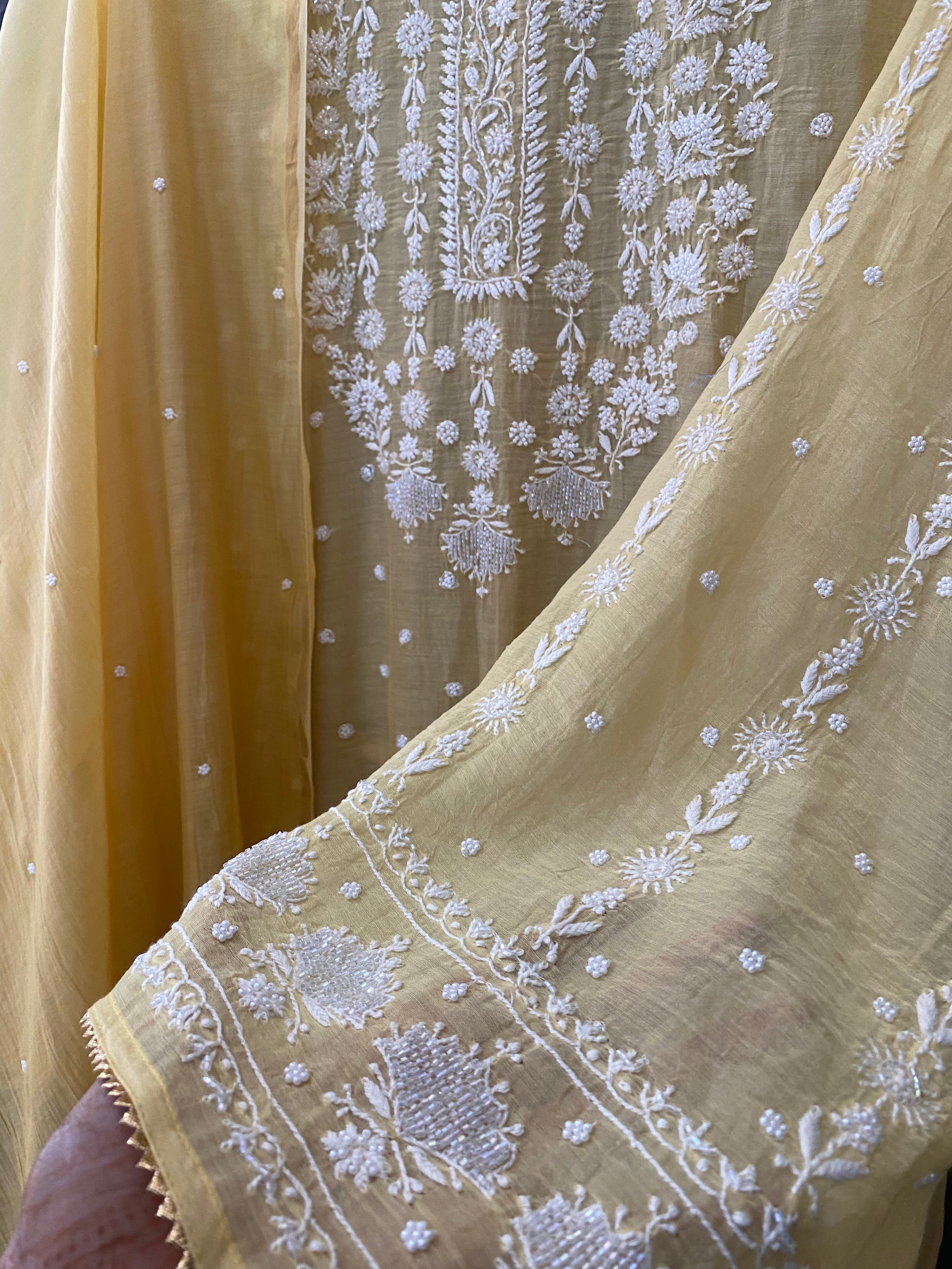 Yellow Mul Chanderi Chikankari Kurta Set