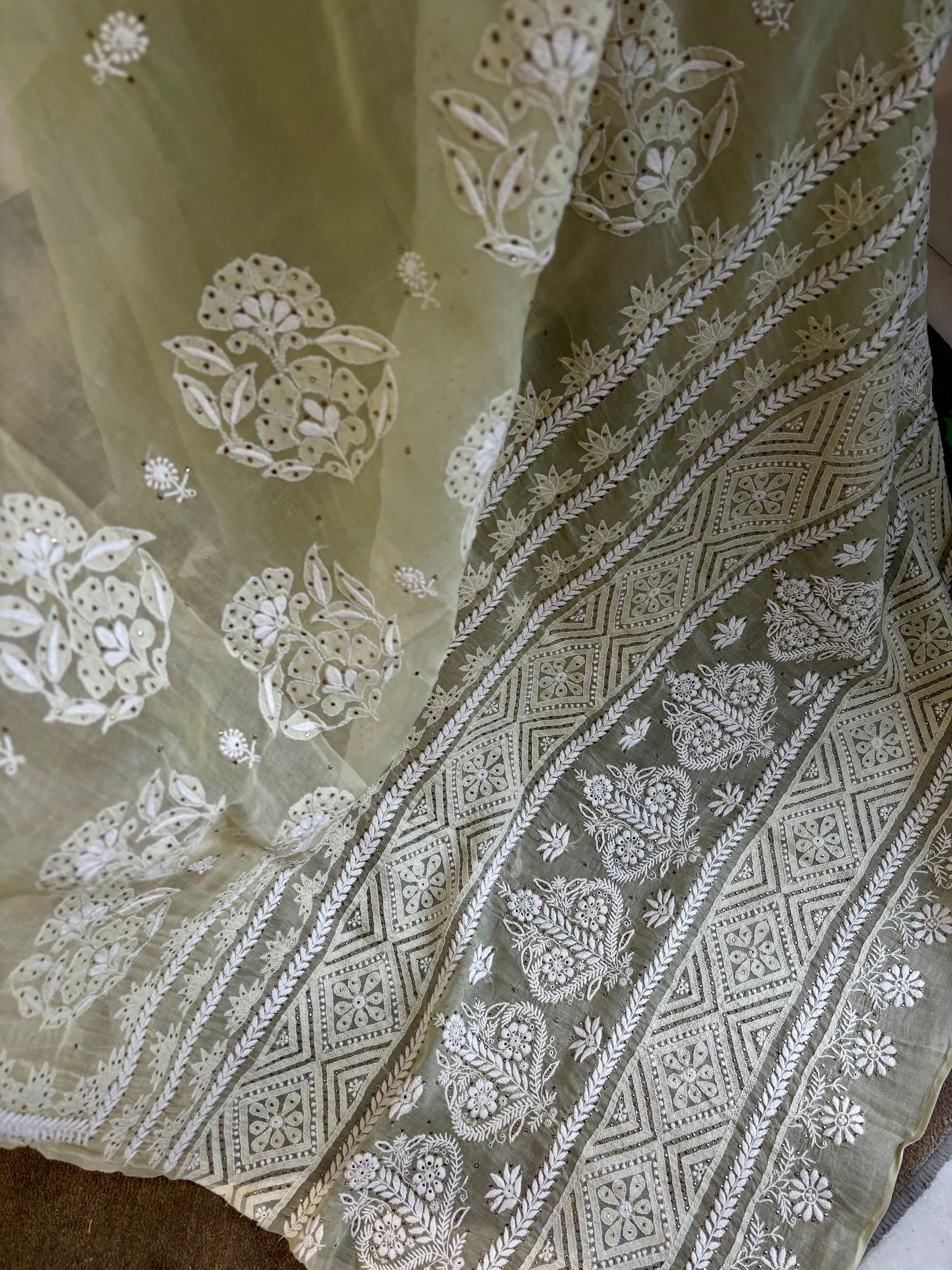 Green Organza Chikankari and Mukaish Saree