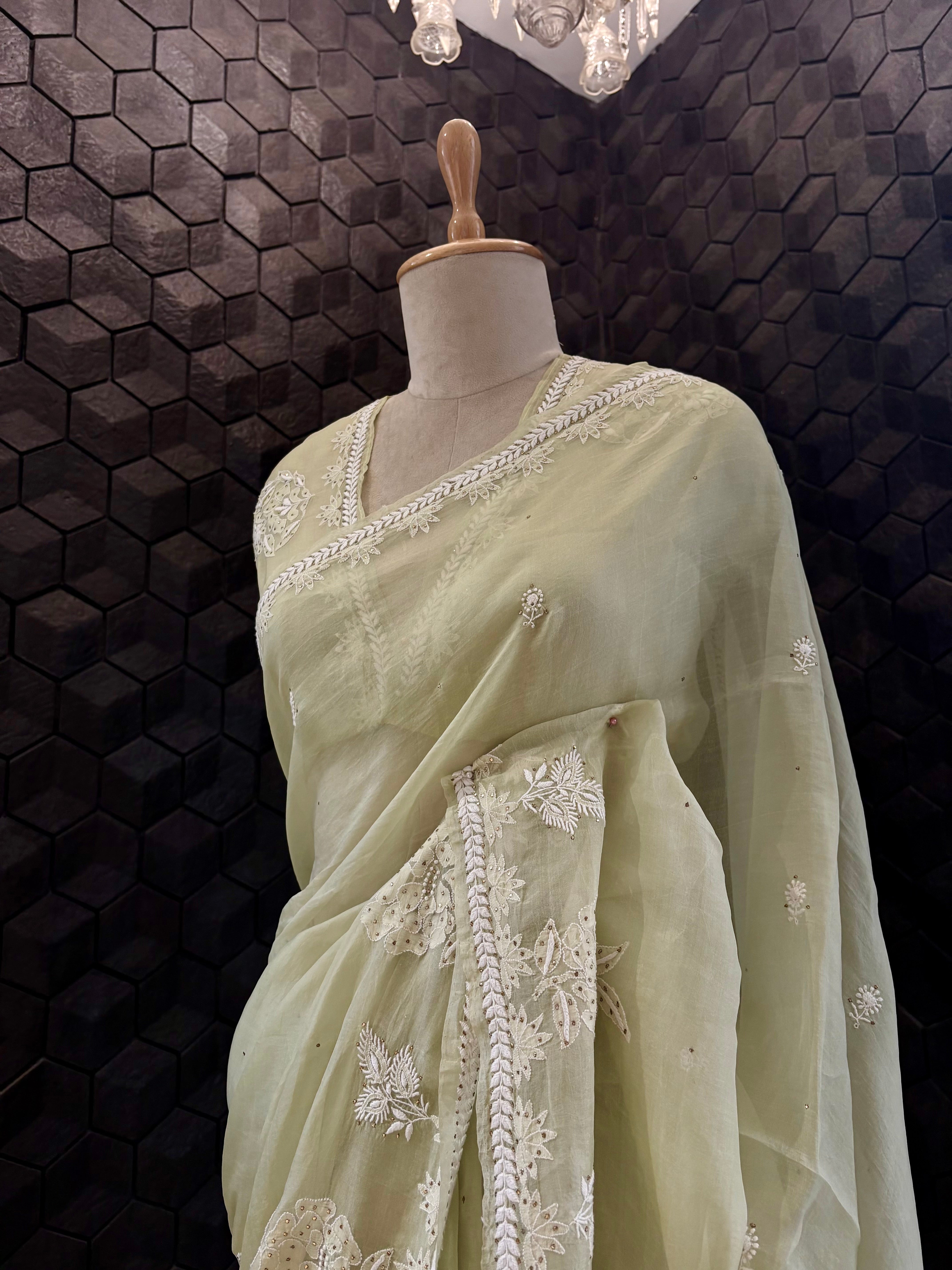 Green Organza Chikankari and Mukaish Saree