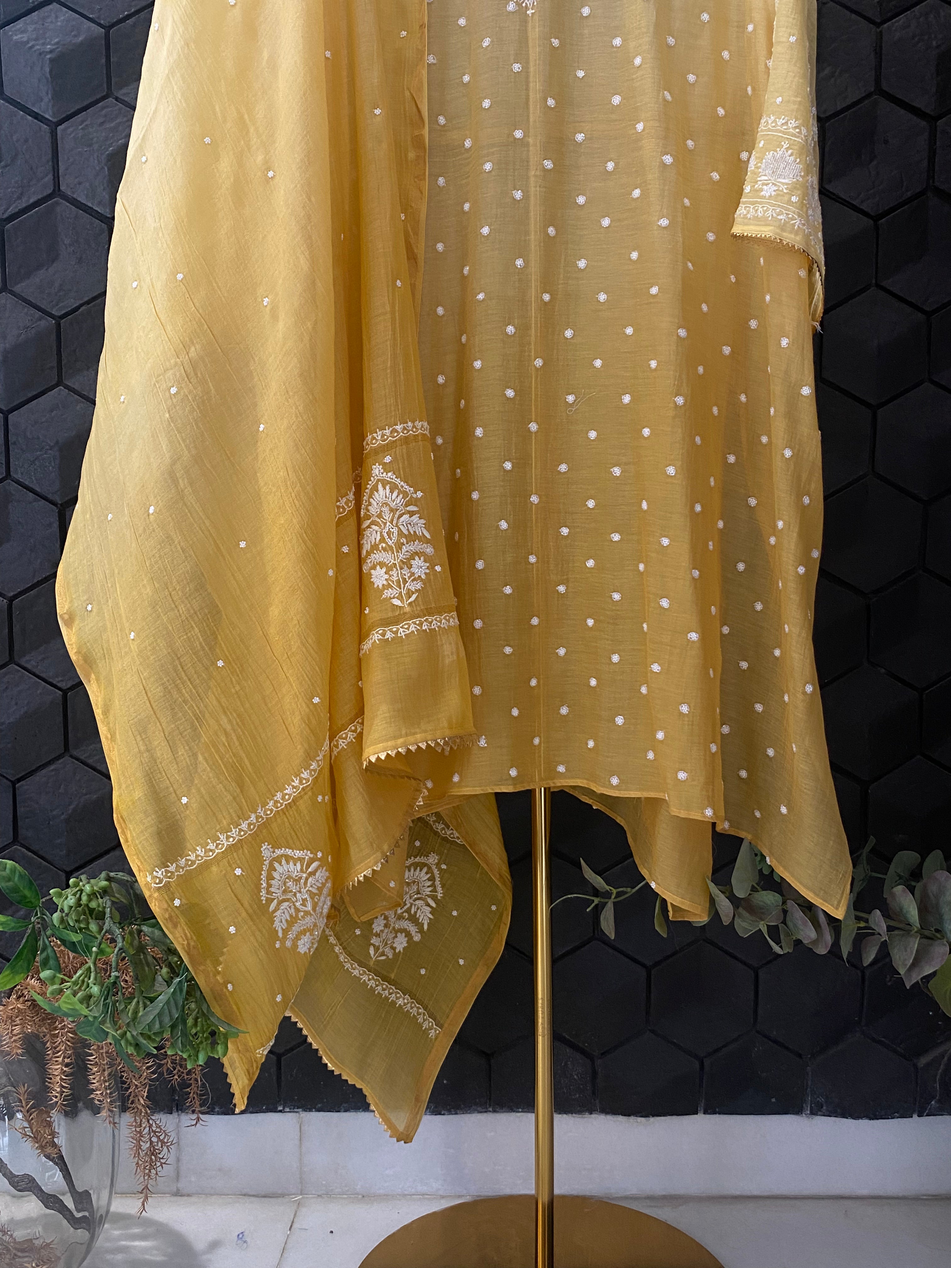 Yellow Mul Chanderi Chikankari Kurta Set