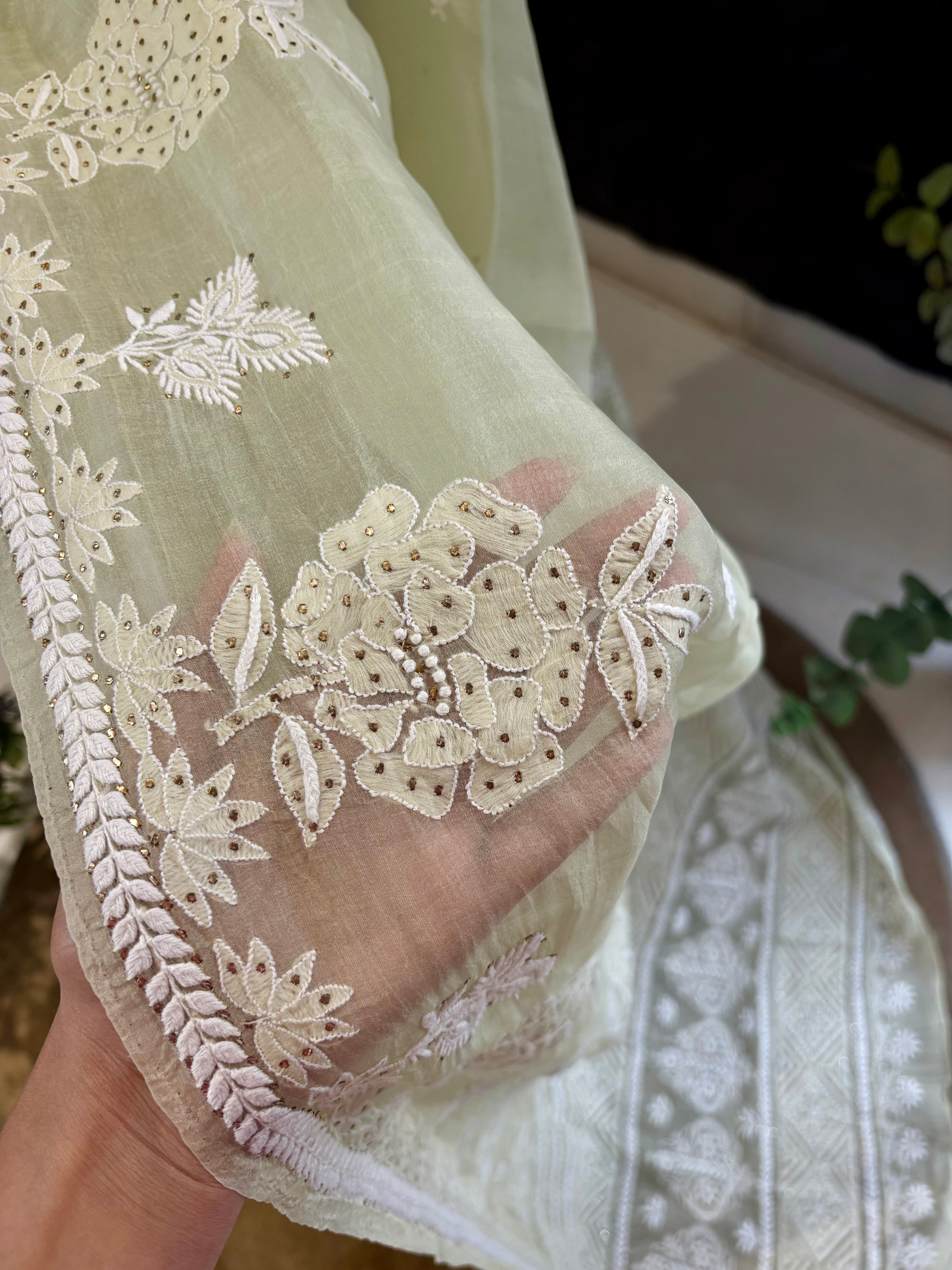 Green Organza Chikankari and Mukaish Saree