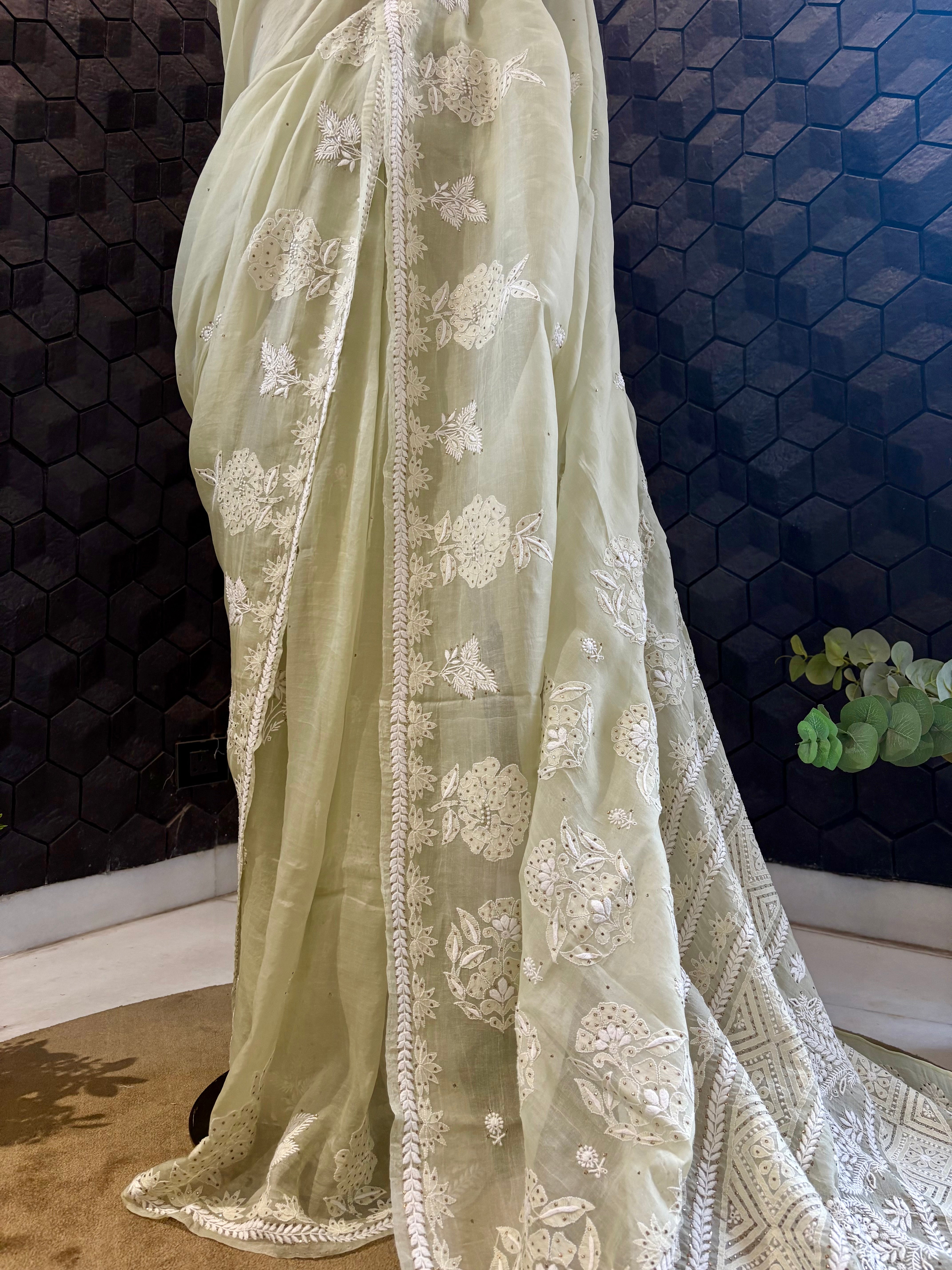 Green Organza Chikankari and Mukaish Saree