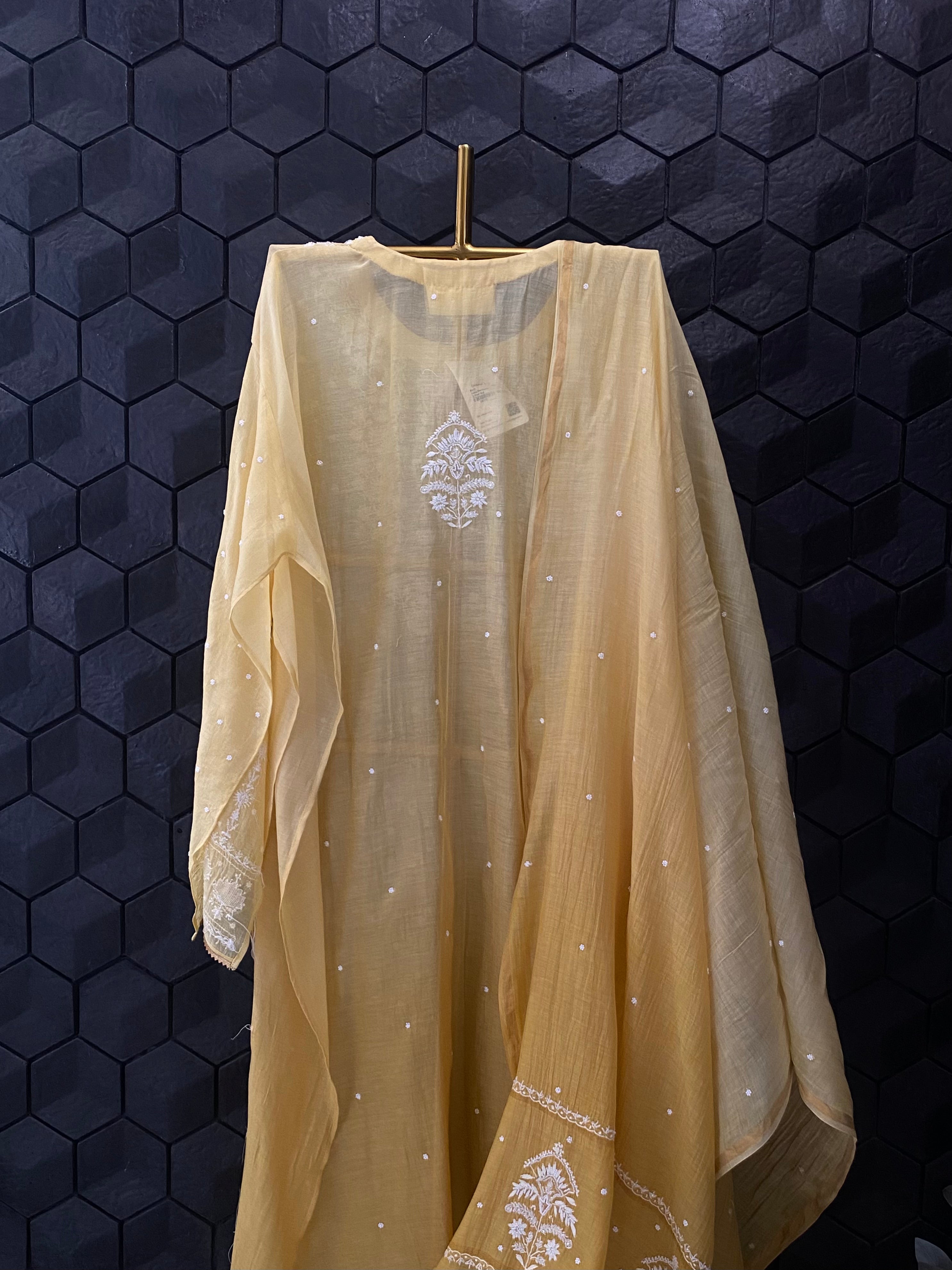 Yellow Mul Chanderi Chikankari Kurta Set