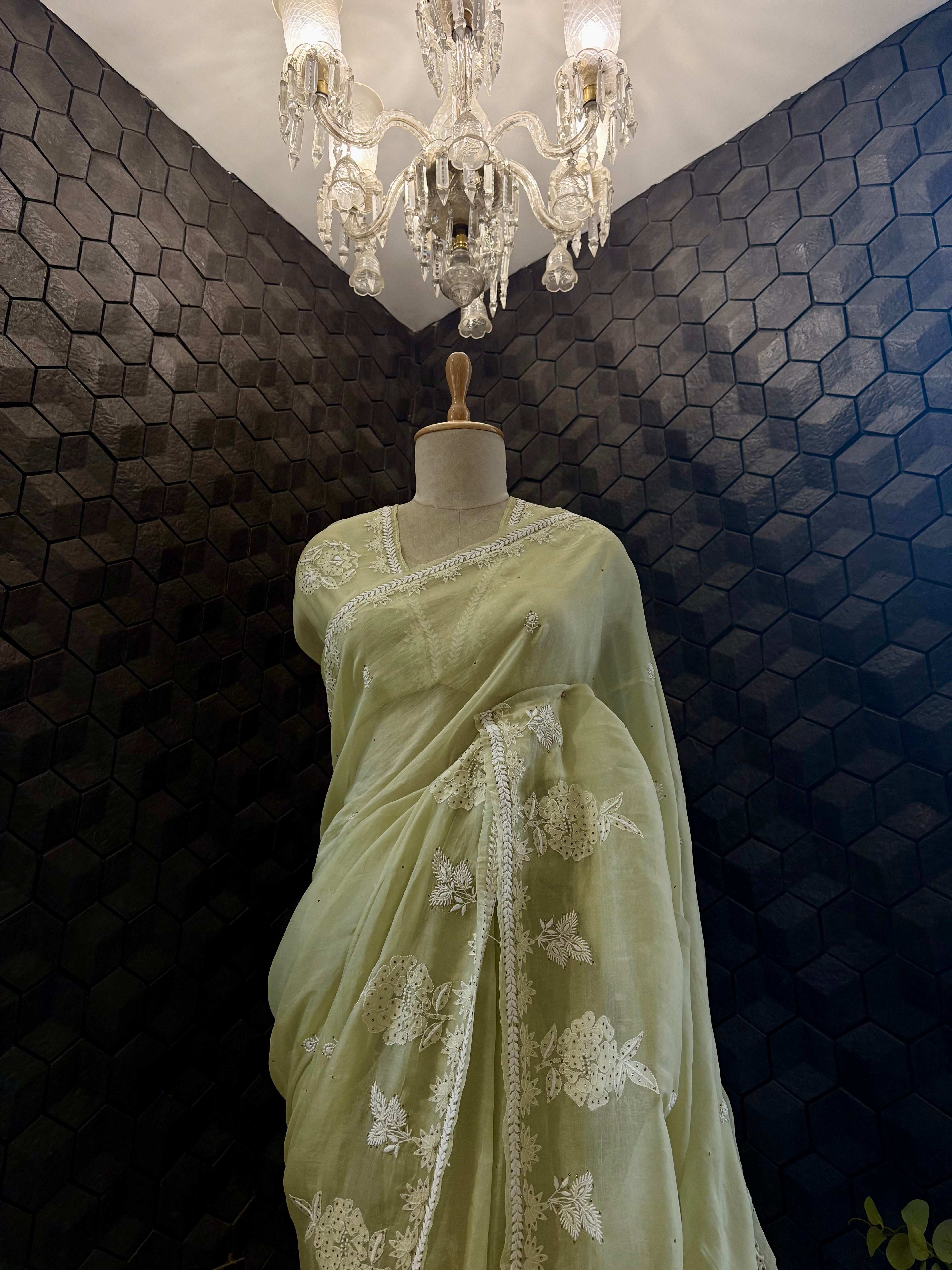 Green Organza Chikankari and Mukaish Saree
