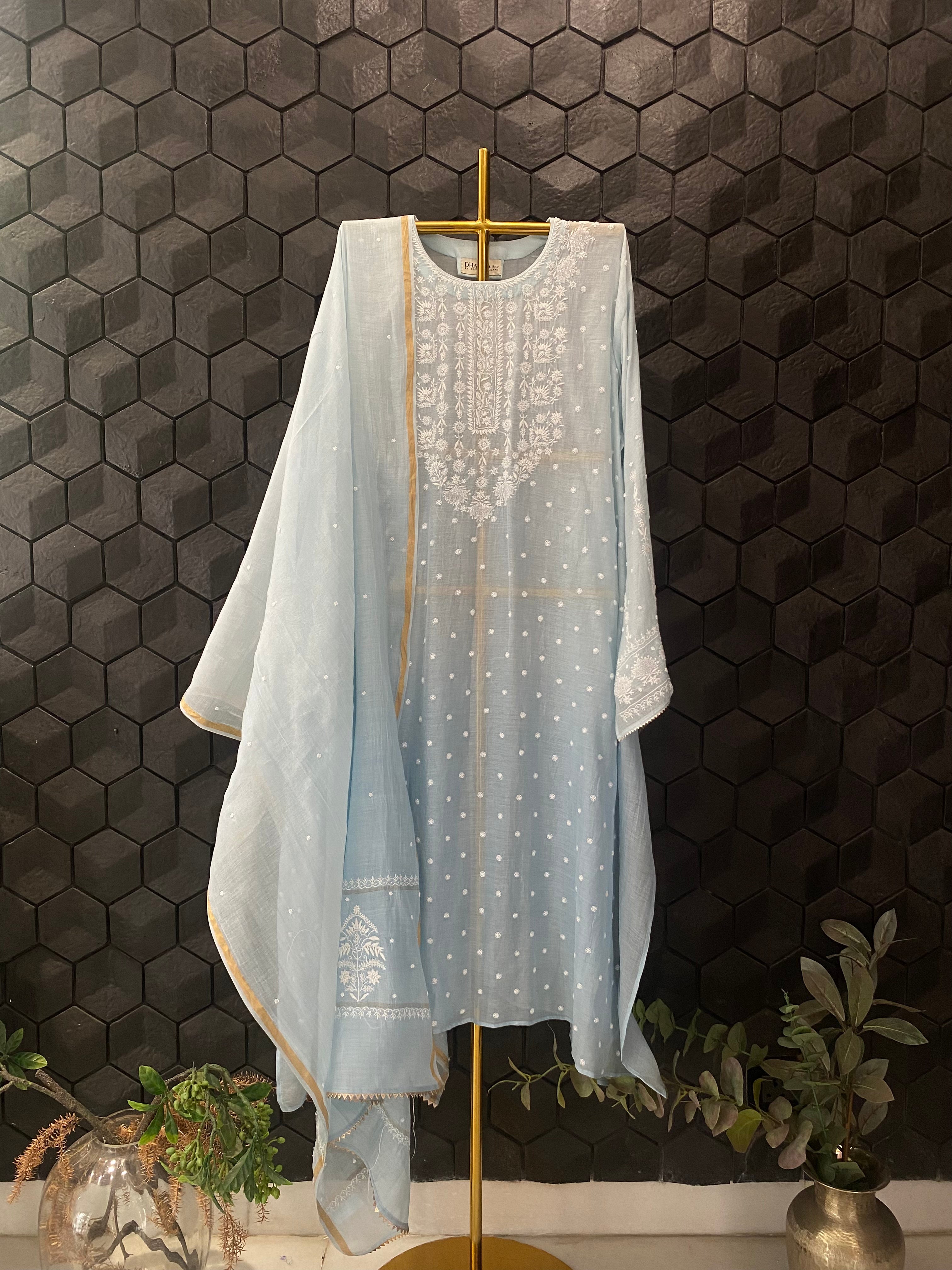 Sky Blue Mul Chanderi Chikankari Kurta Set