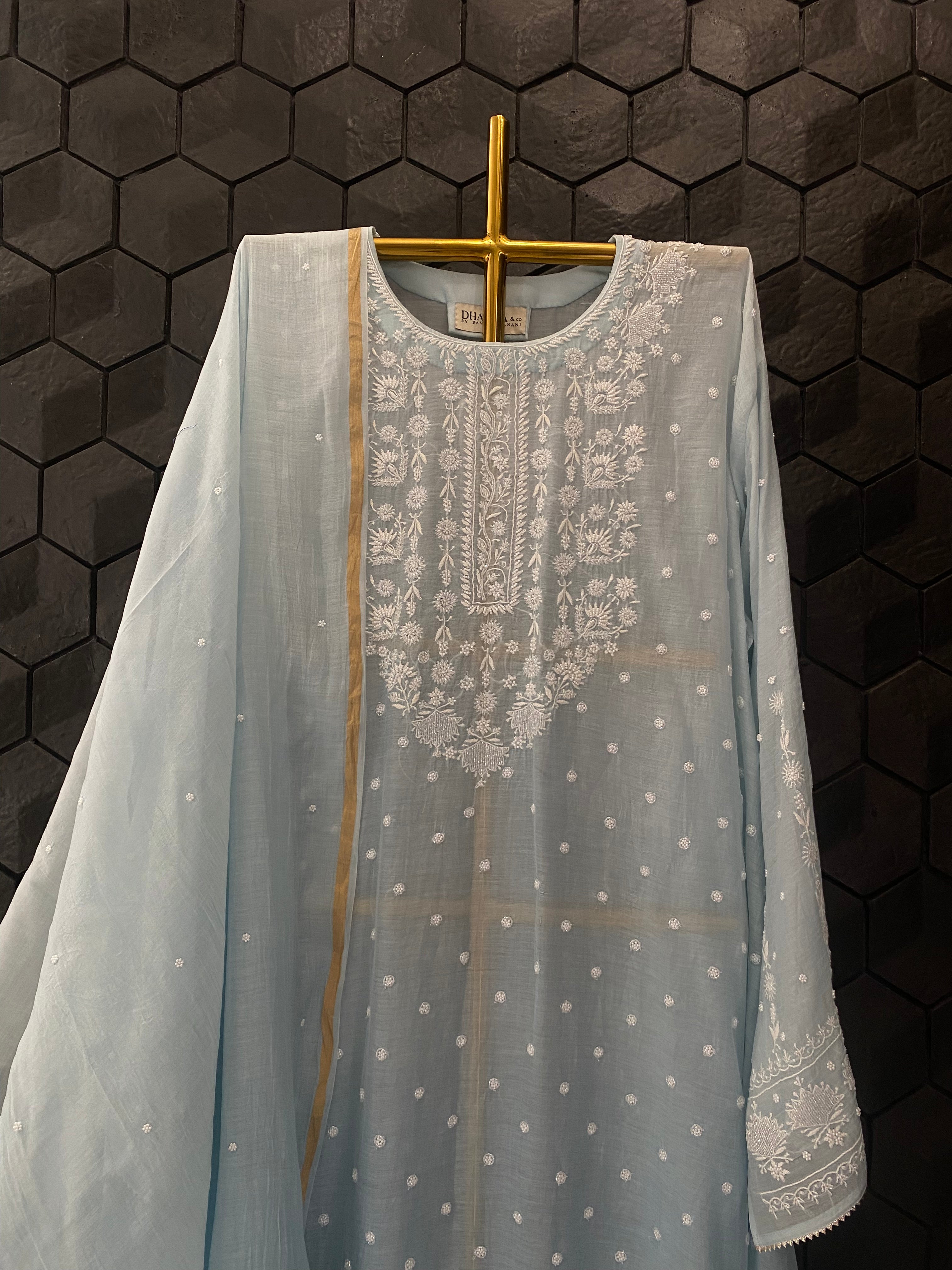 Sky Blue Mul Chanderi Chikankari Kurta Set