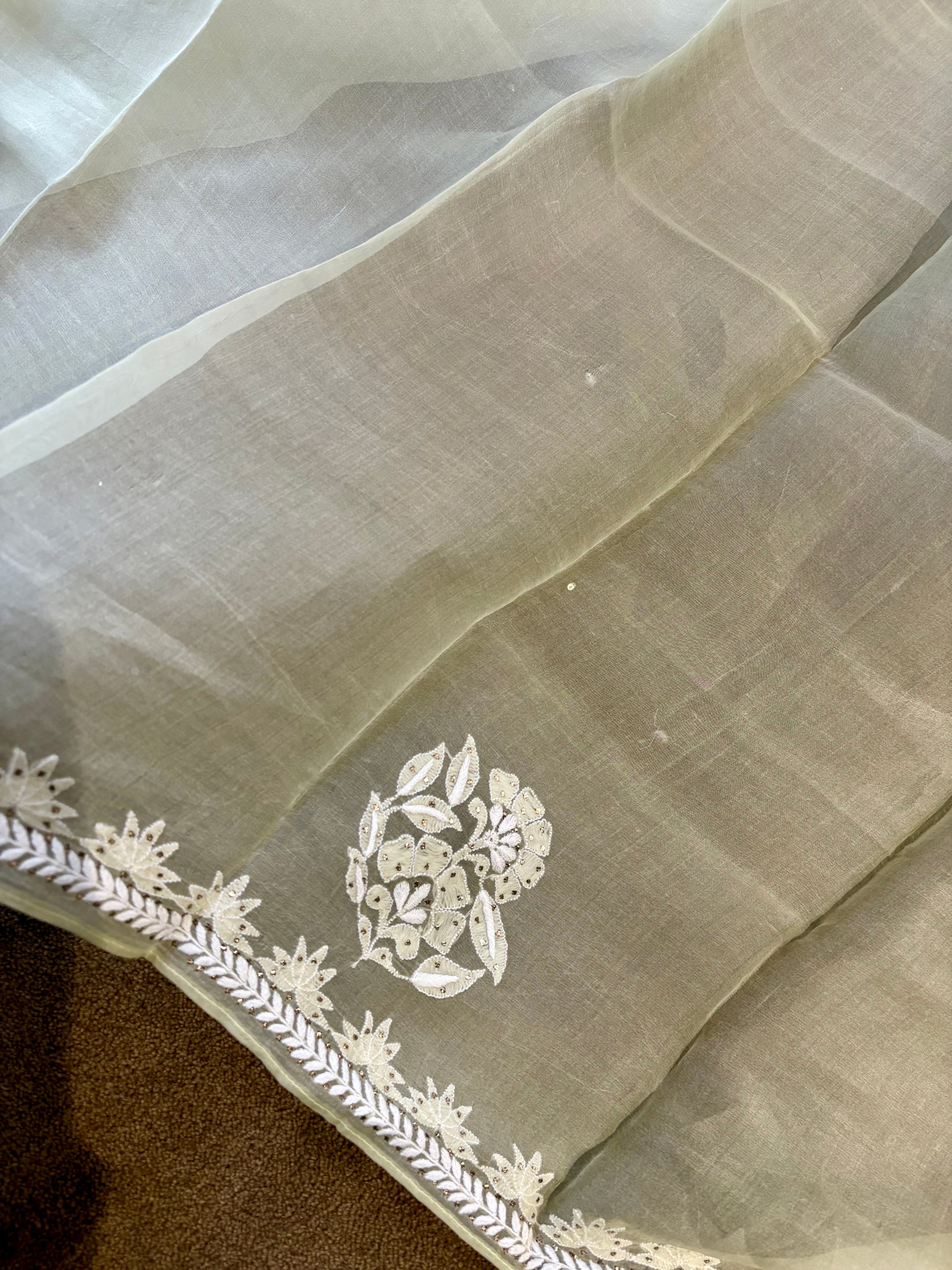 Green Organza Chikankari and Mukaish Saree
