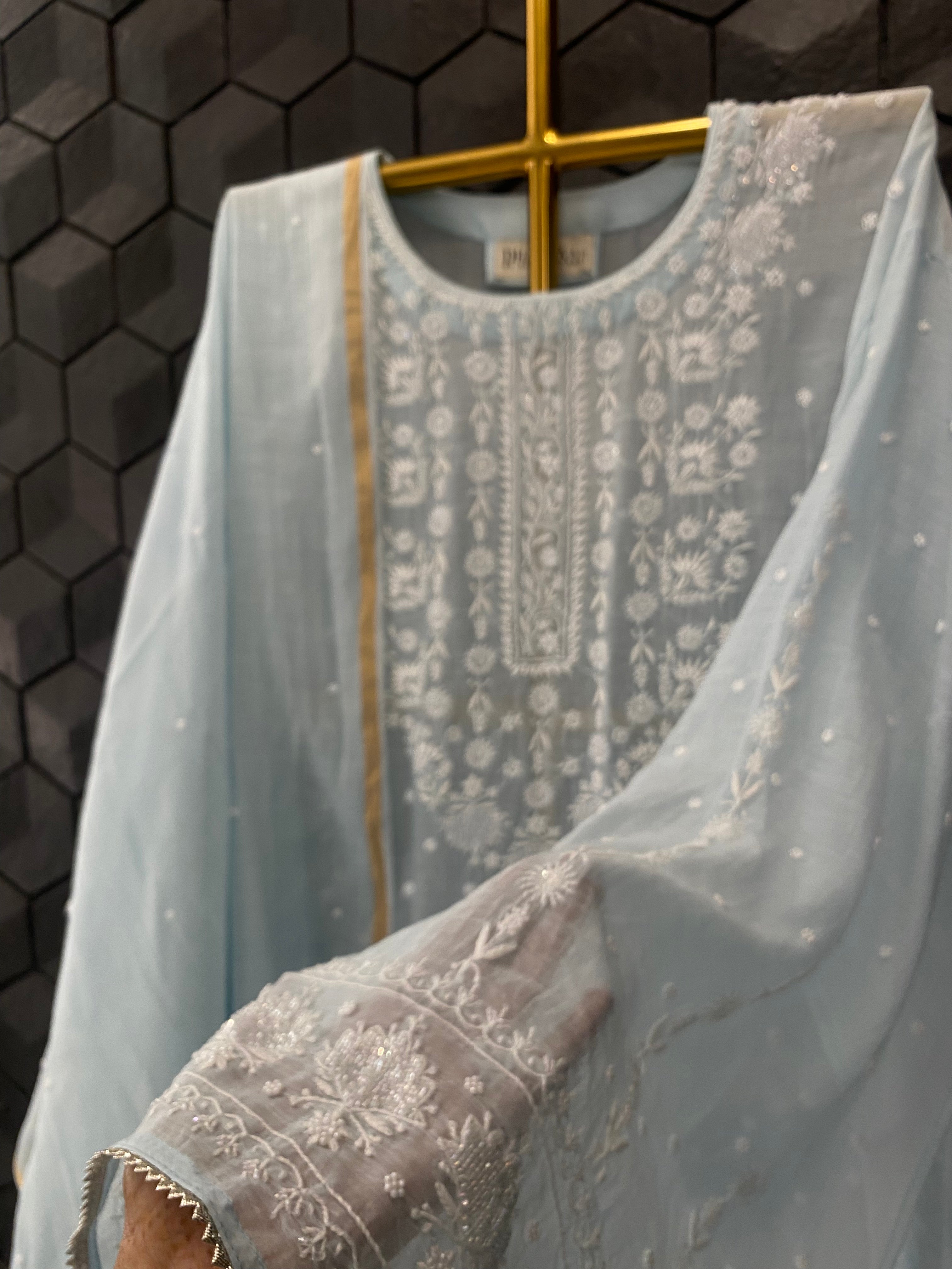 Sky Blue Mul Chanderi Chikankari Kurta Set