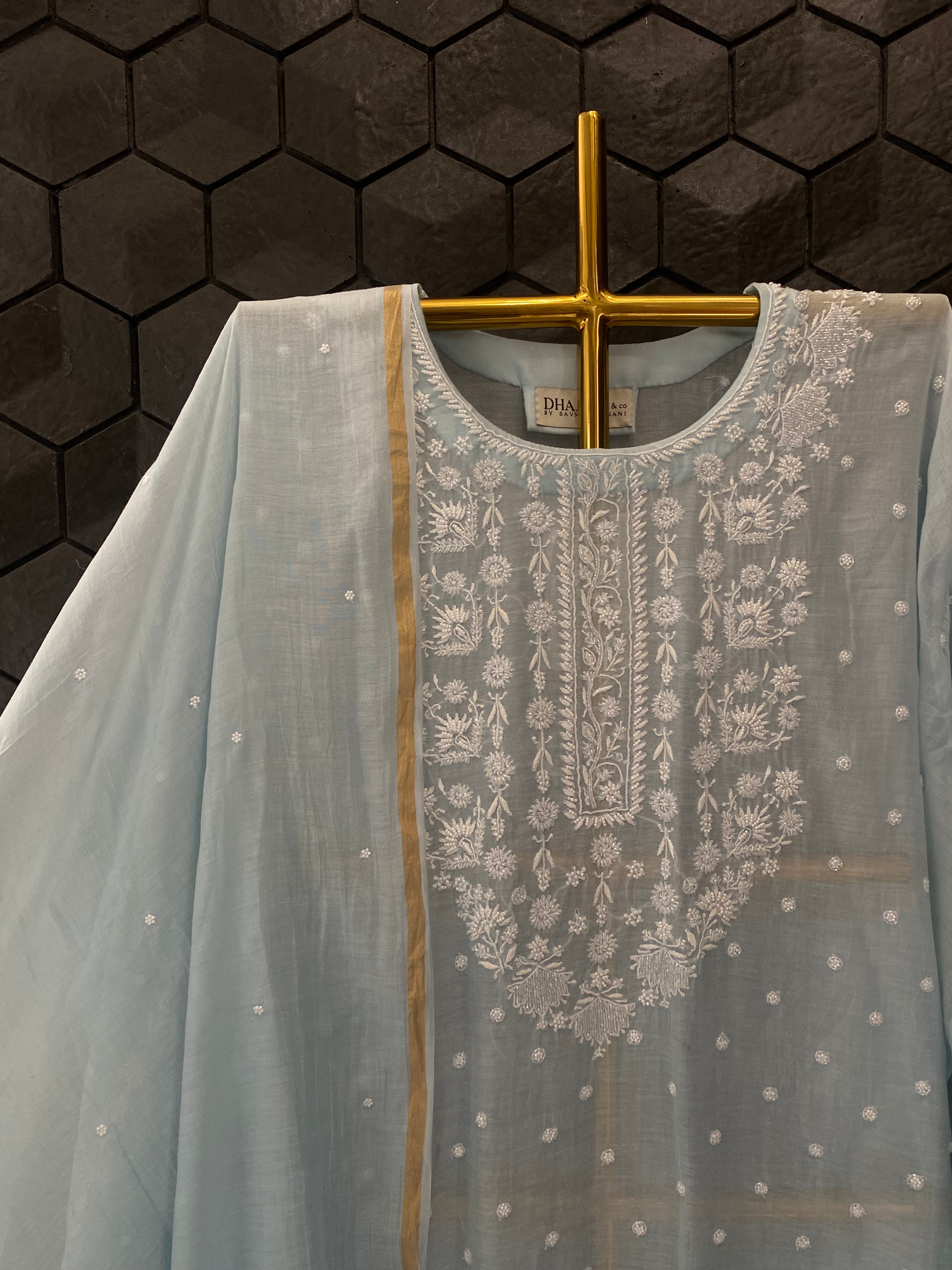 Sky Blue Mul Chanderi Chikankari Kurta Set