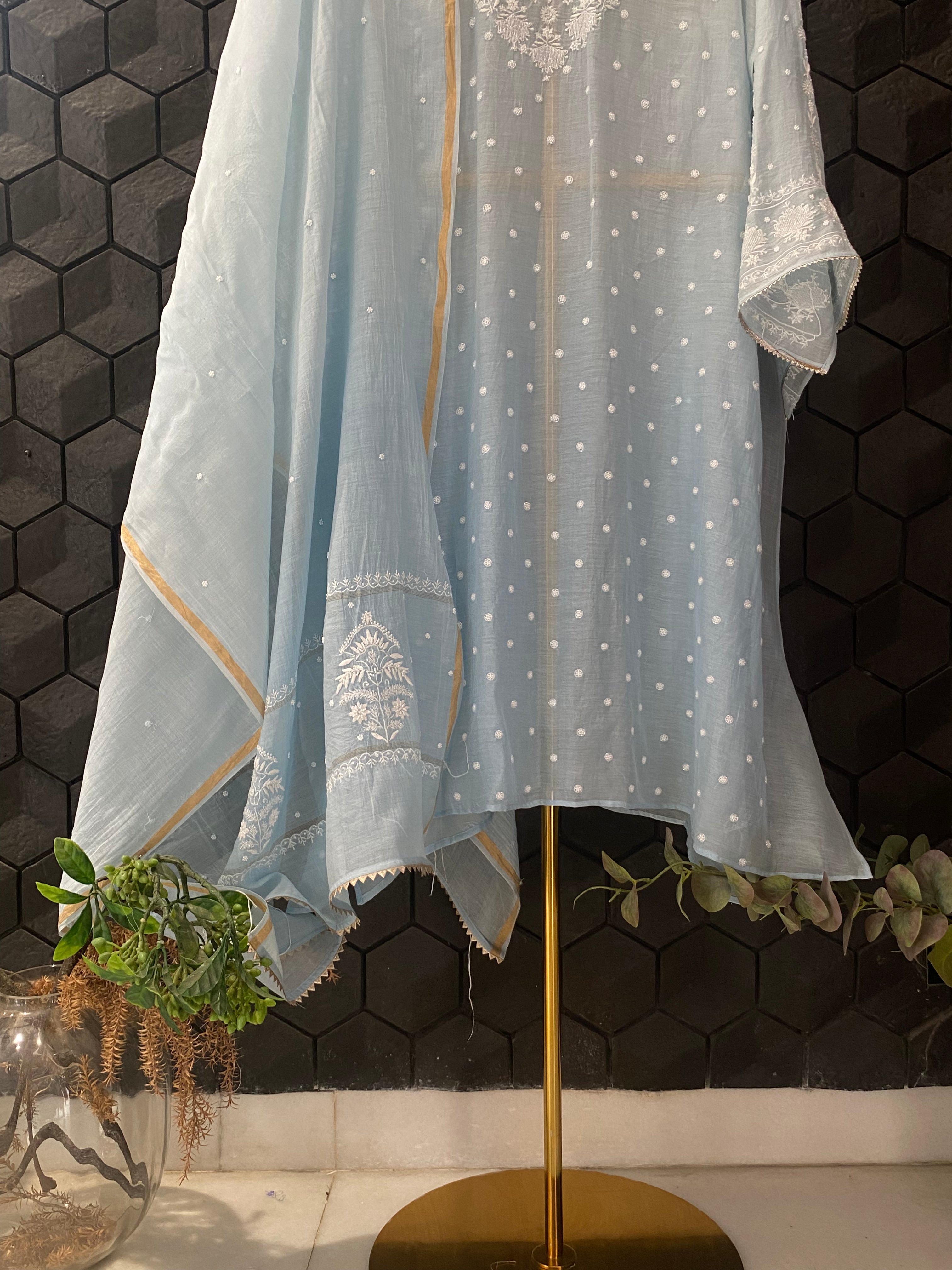 Sky Blue Mul Chanderi Chikankari Kurta Set