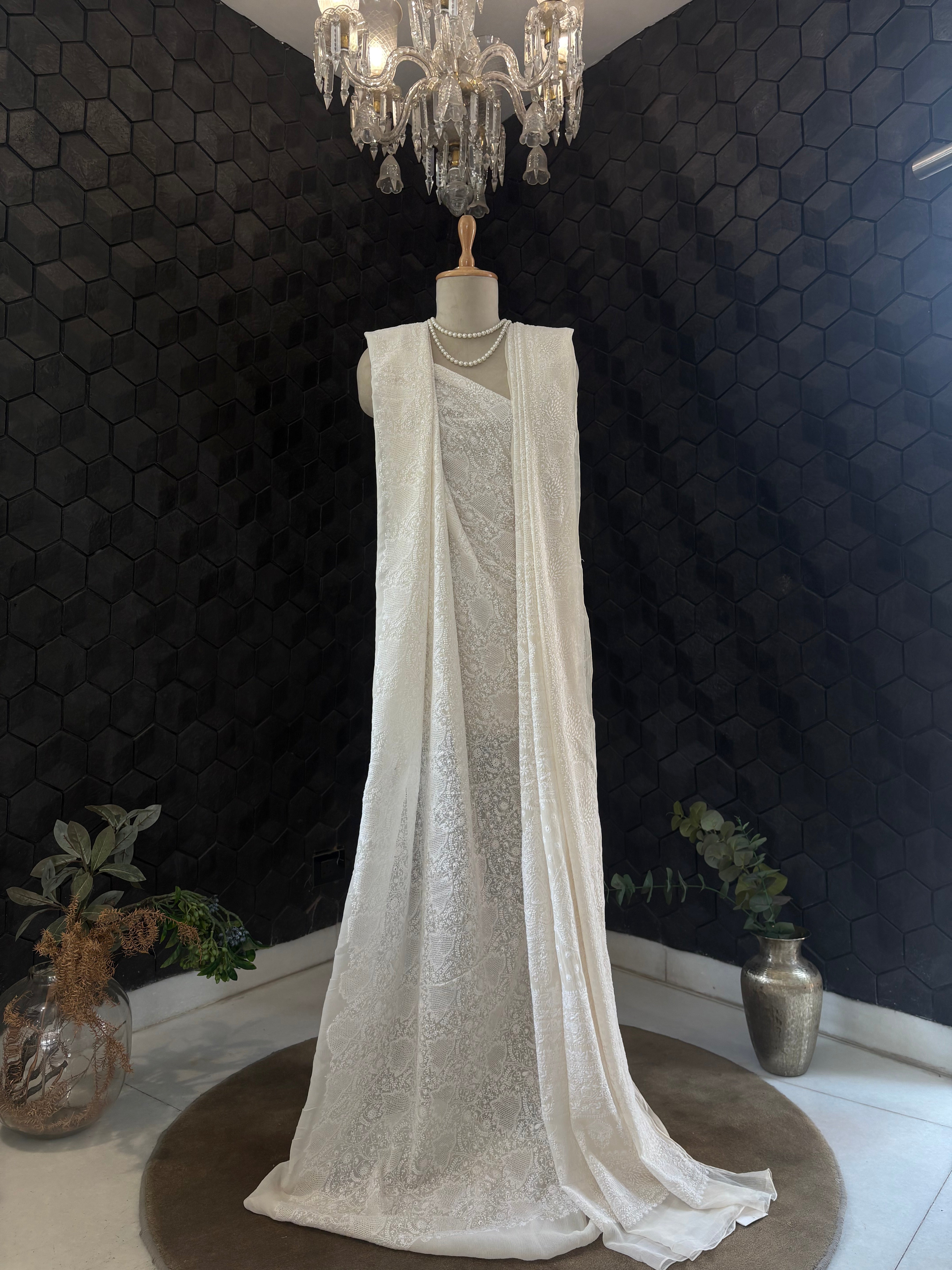Handcrafted 1-Taar Chikankari Saree on Chiffon