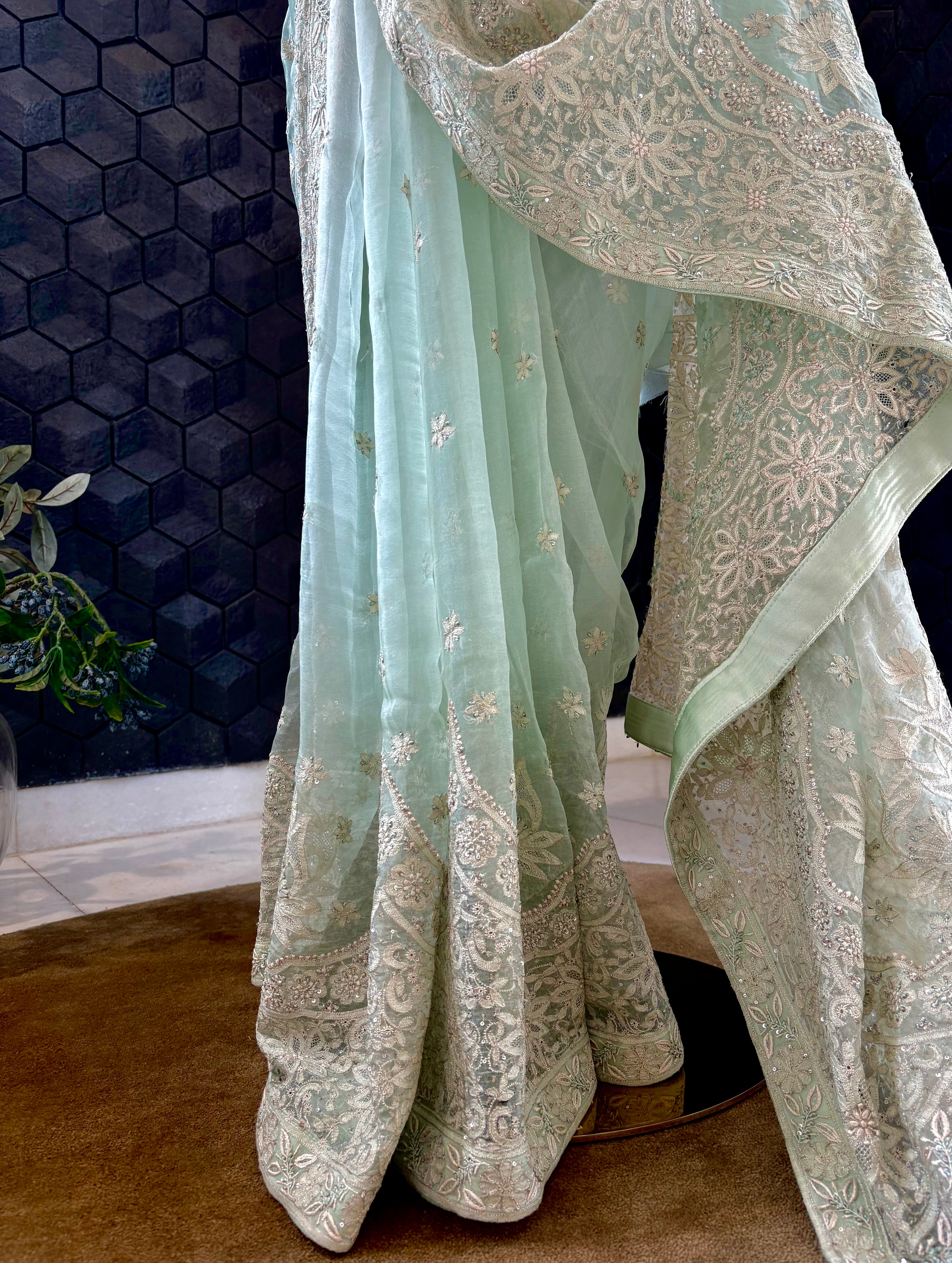 Mint Organza Chikankari Saree