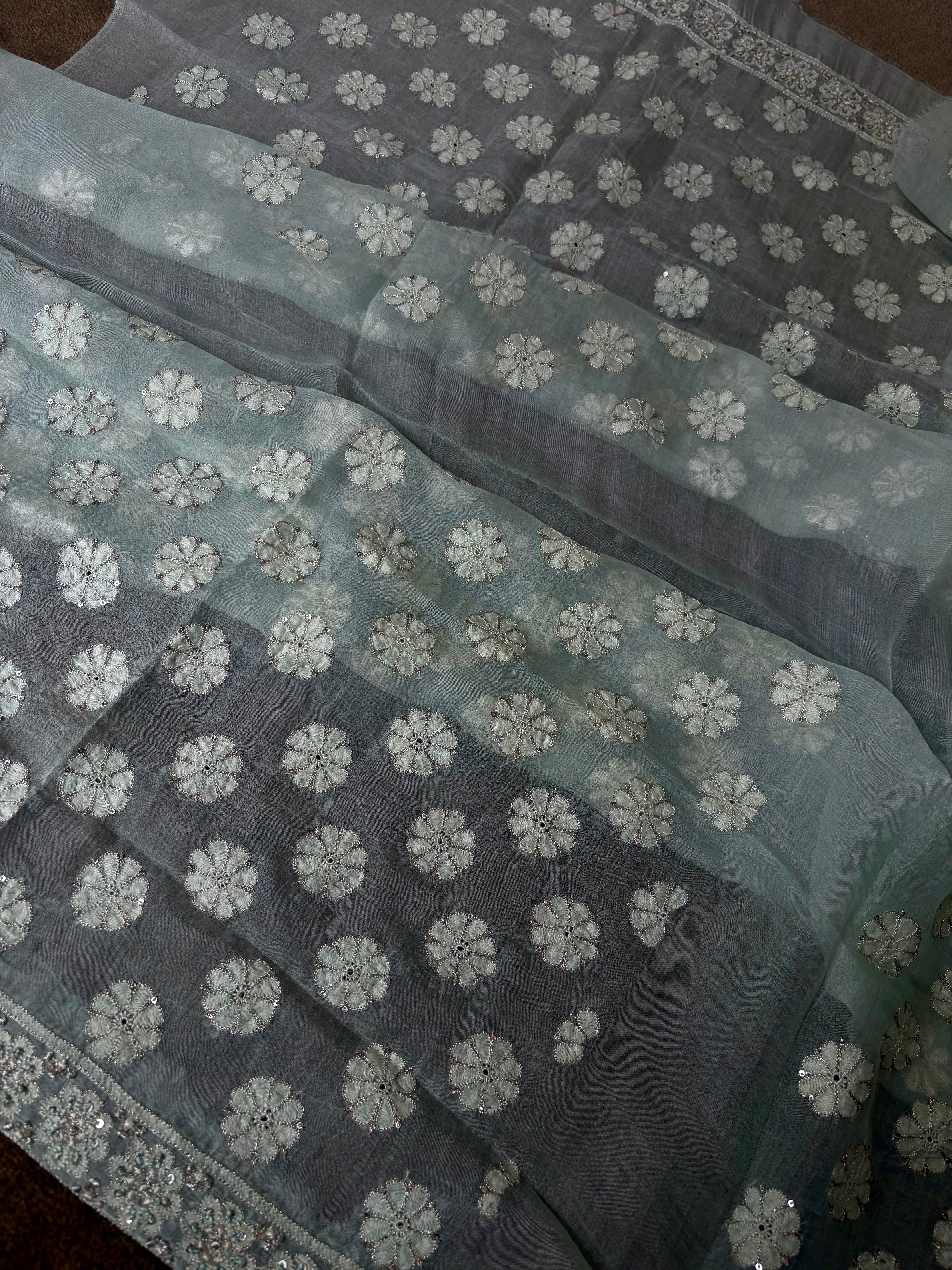Mint Organza Chikankari Saree