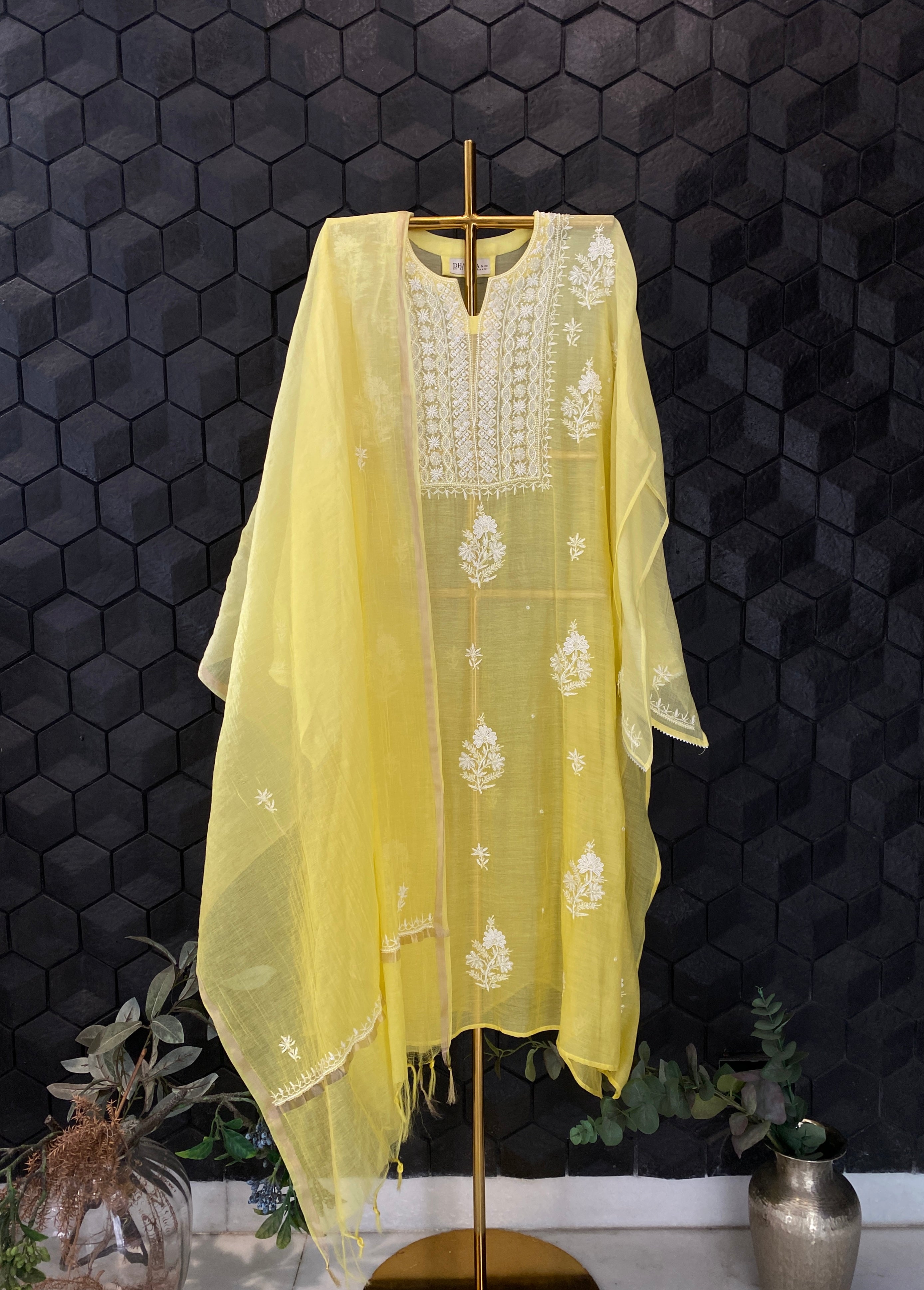 Yellow Mul Chanderi chikankari kurta set