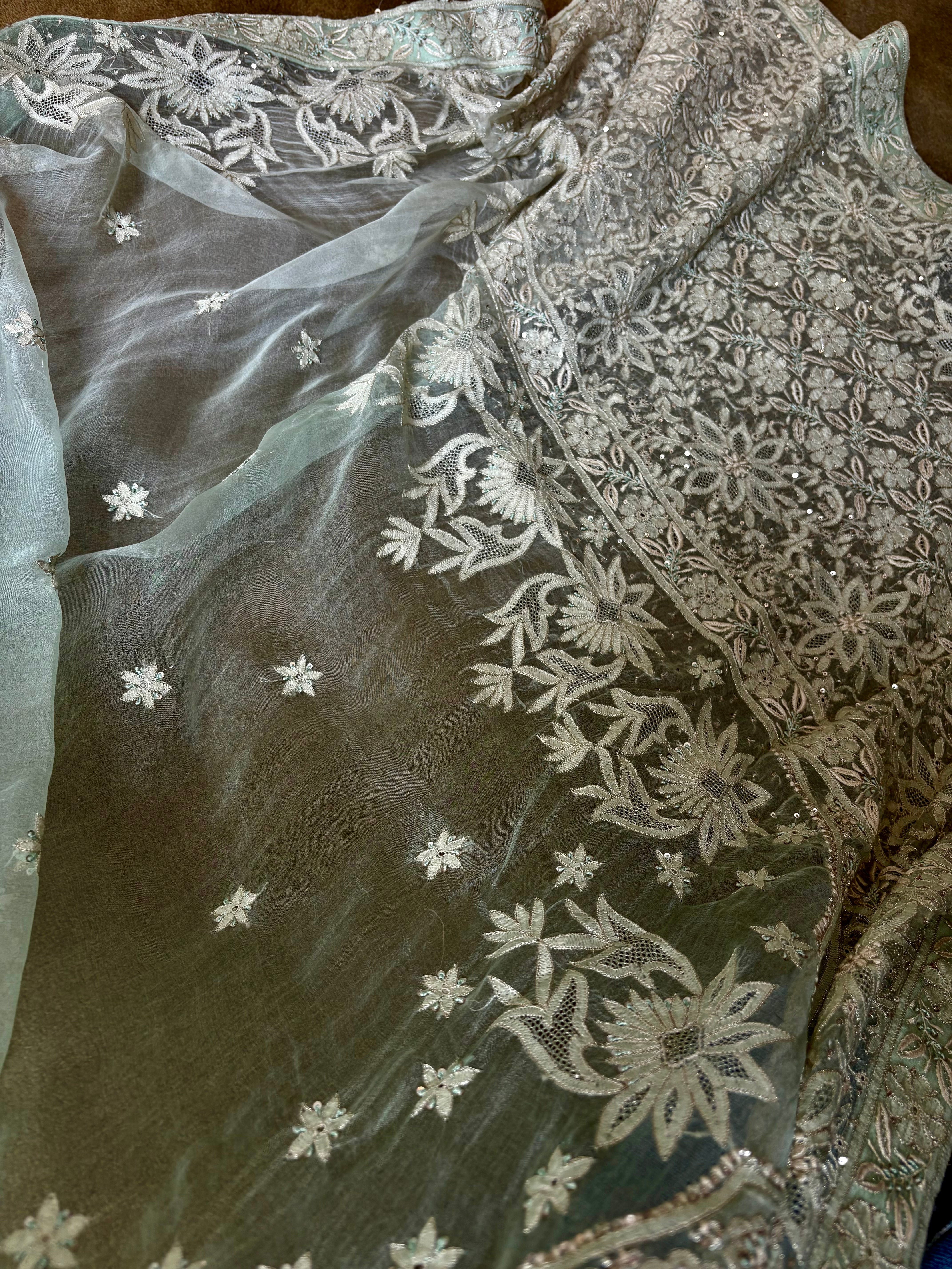Mint Organza Chikankari Saree