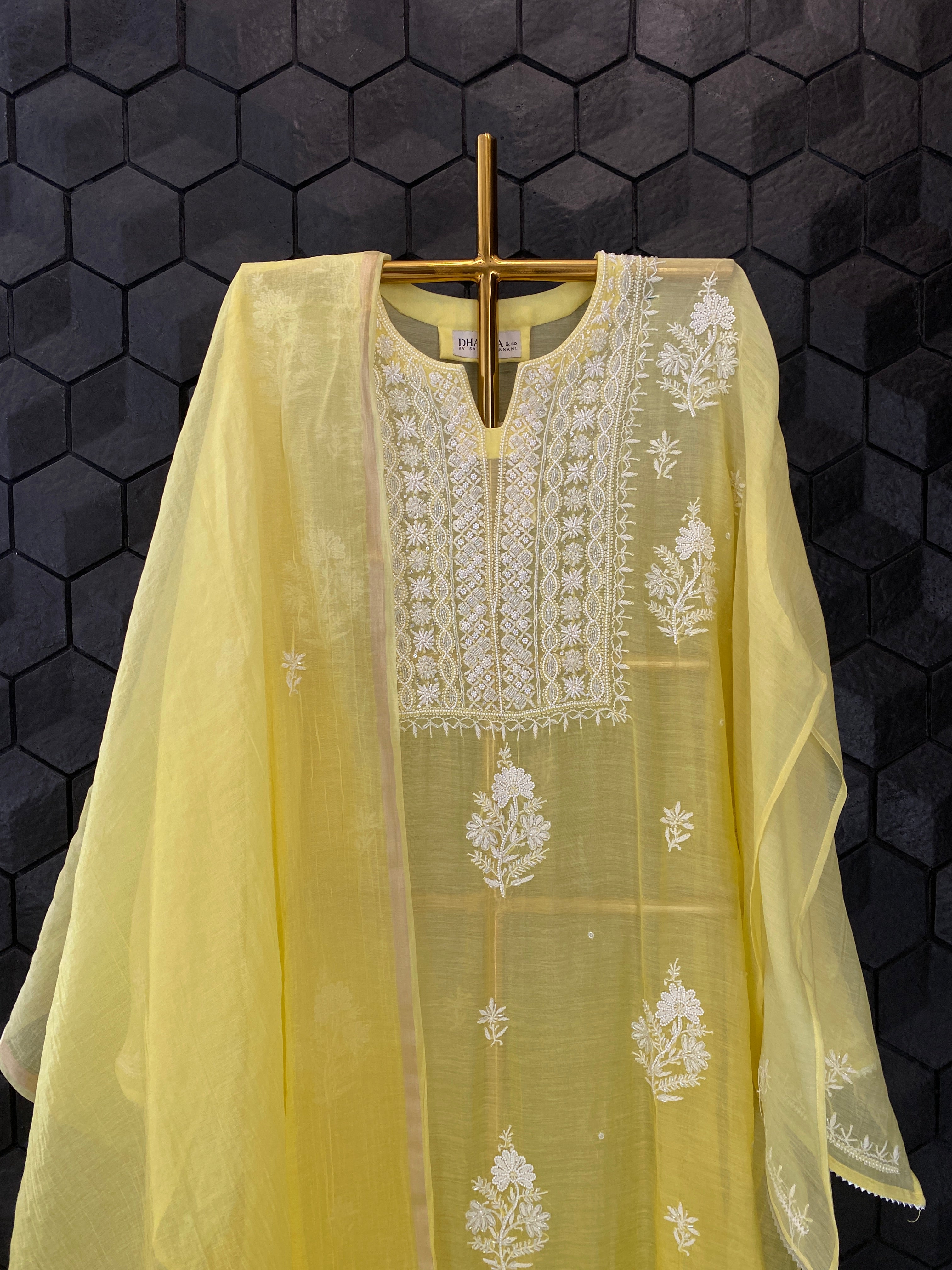 Yellow Mul Chanderi chikankari kurta set