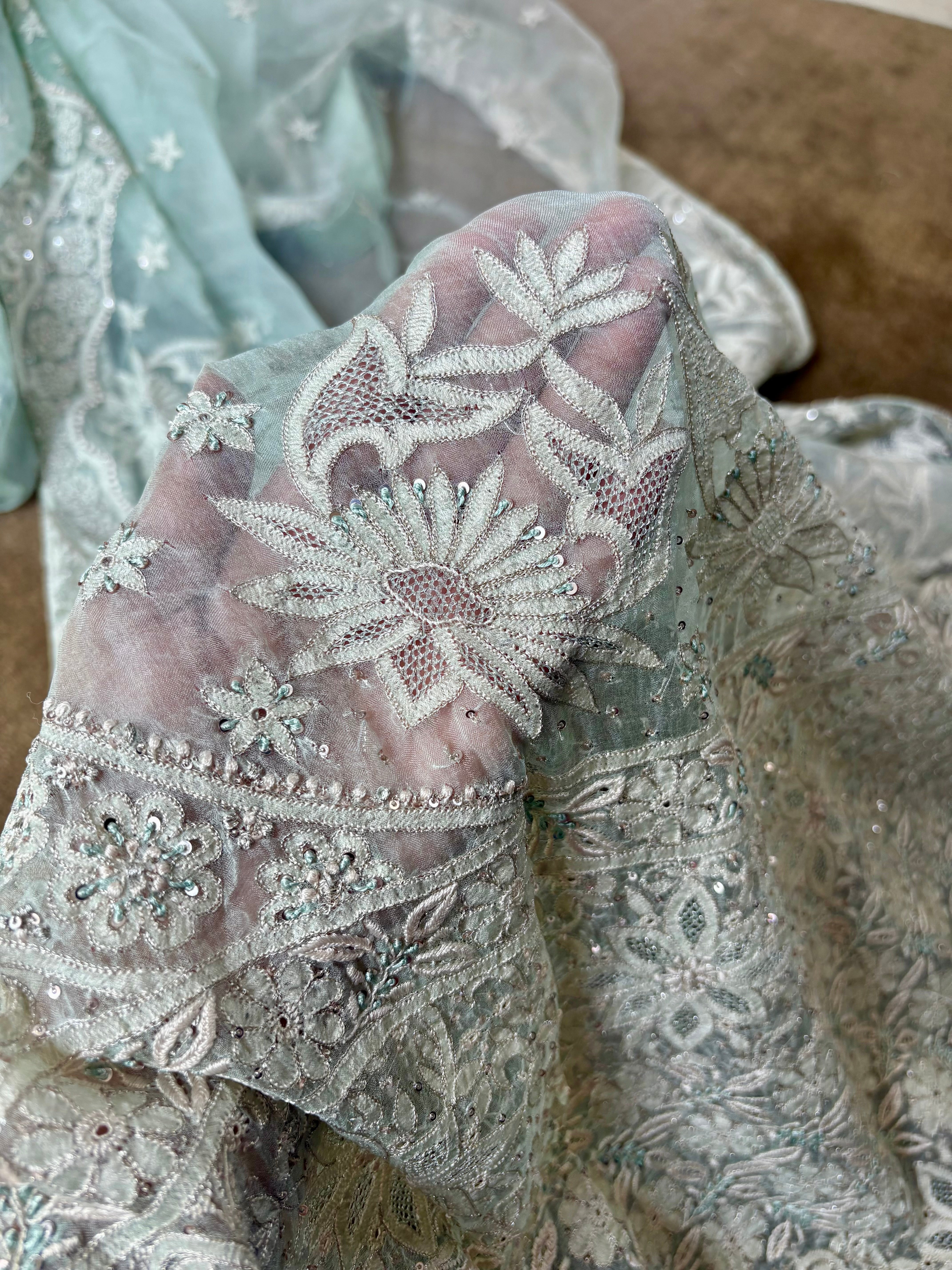 Mint Organza Chikankari Saree