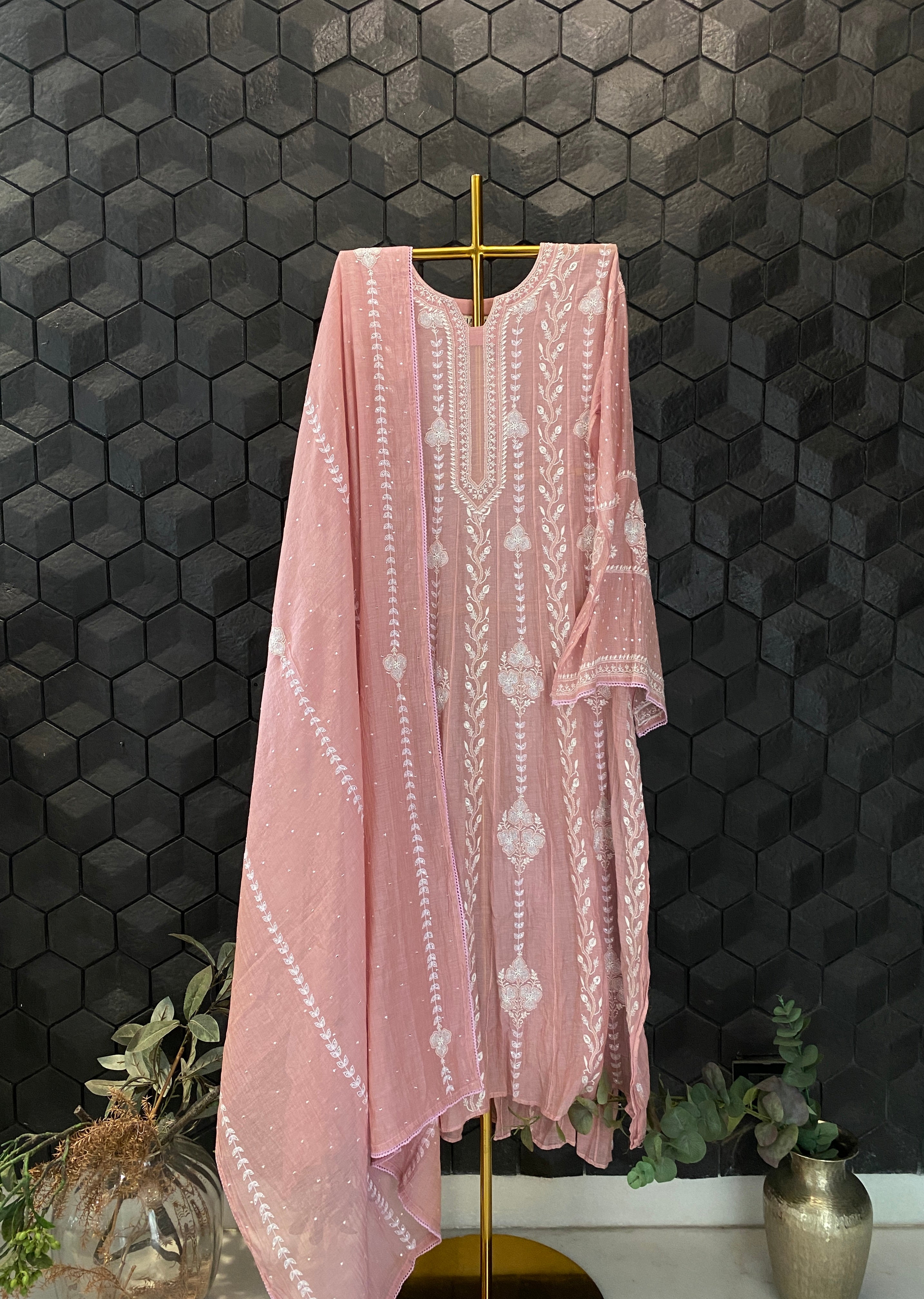 Pink Golden Tissue Chikankari Anarkali Set