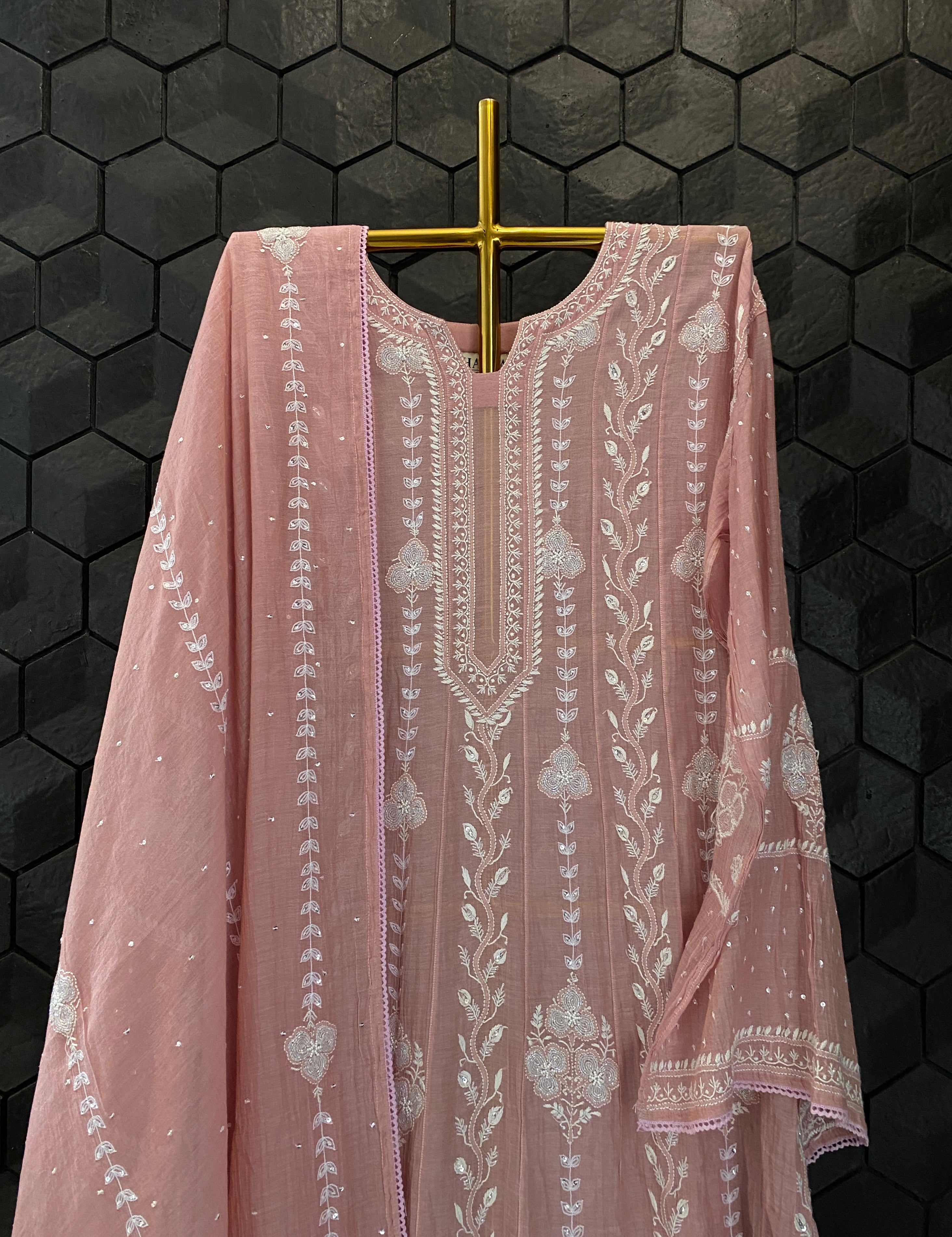 Pink Golden Tissue Chikankari Anarkali Set