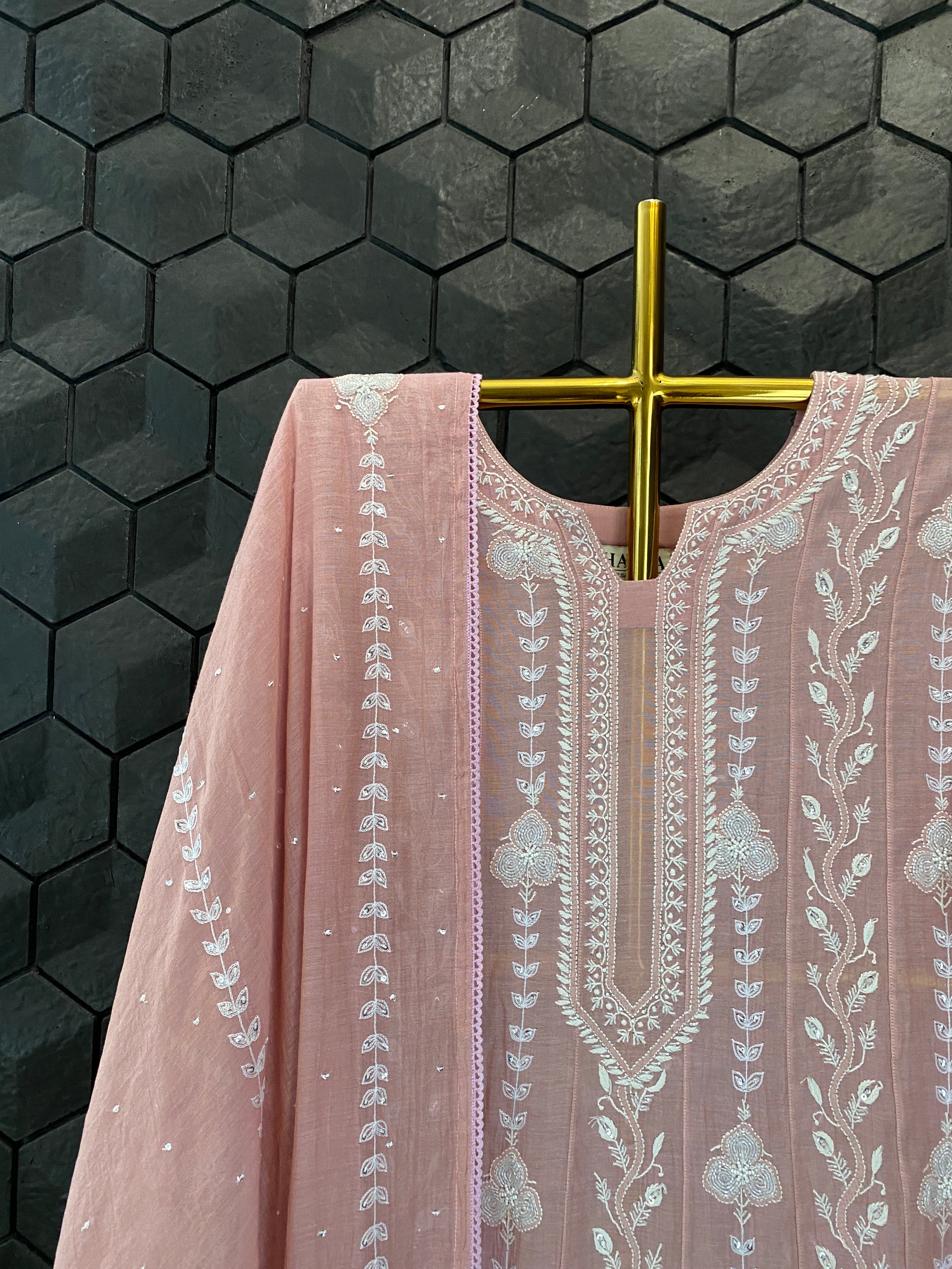 Pink Golden Tissue Chikankari Anarkali Set