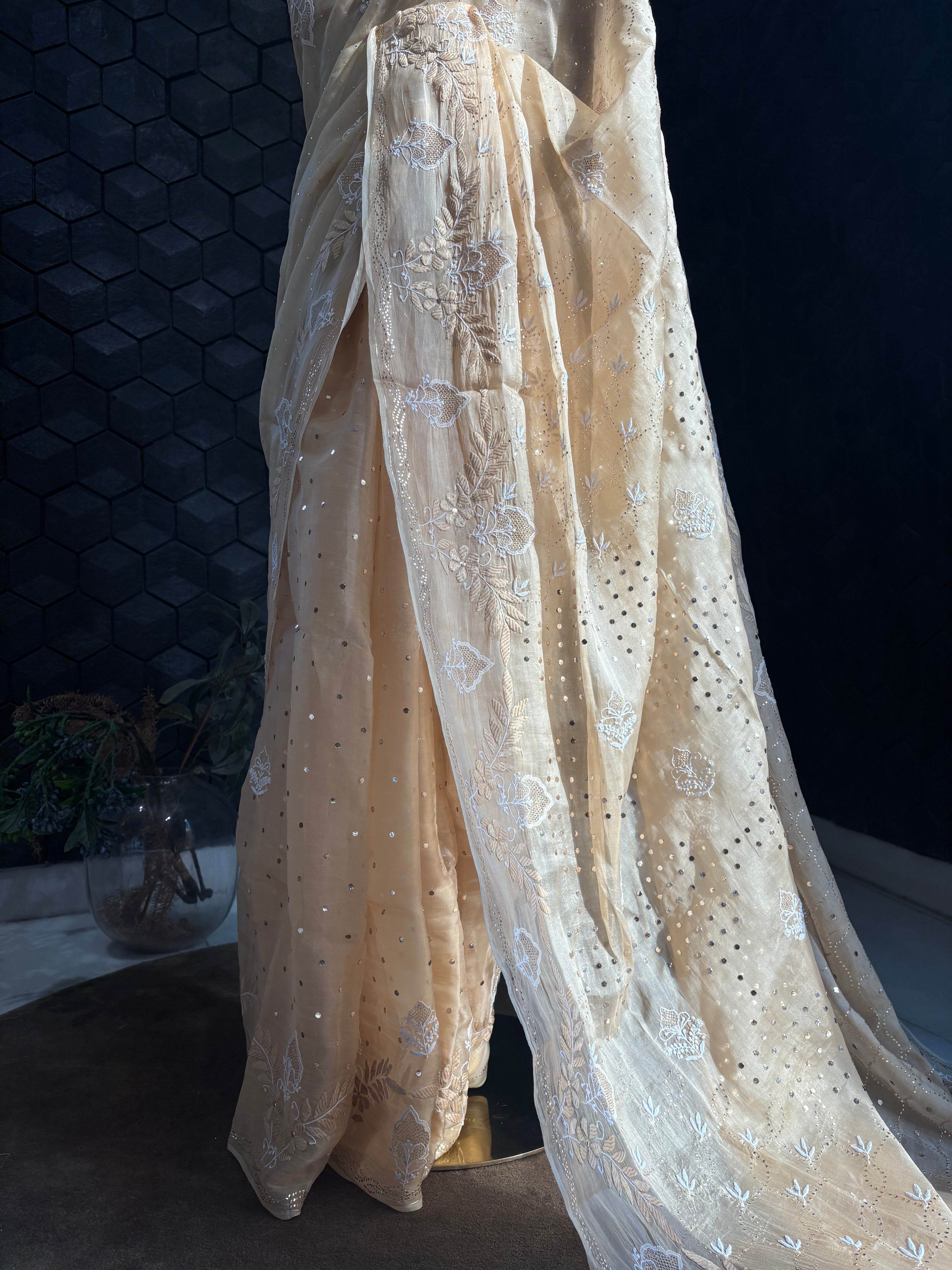 Gold Organza Chikankari and Mukaish Work